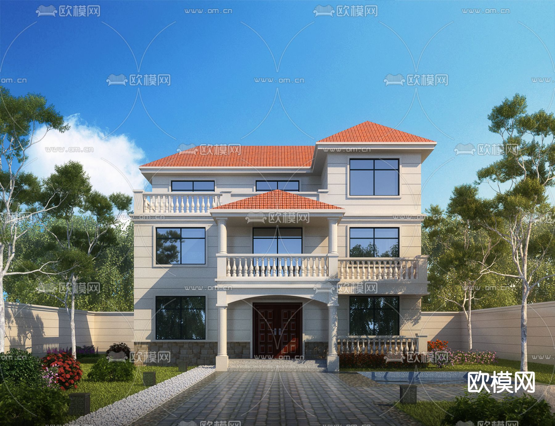 简欧独栋别墅外观3d模型下载