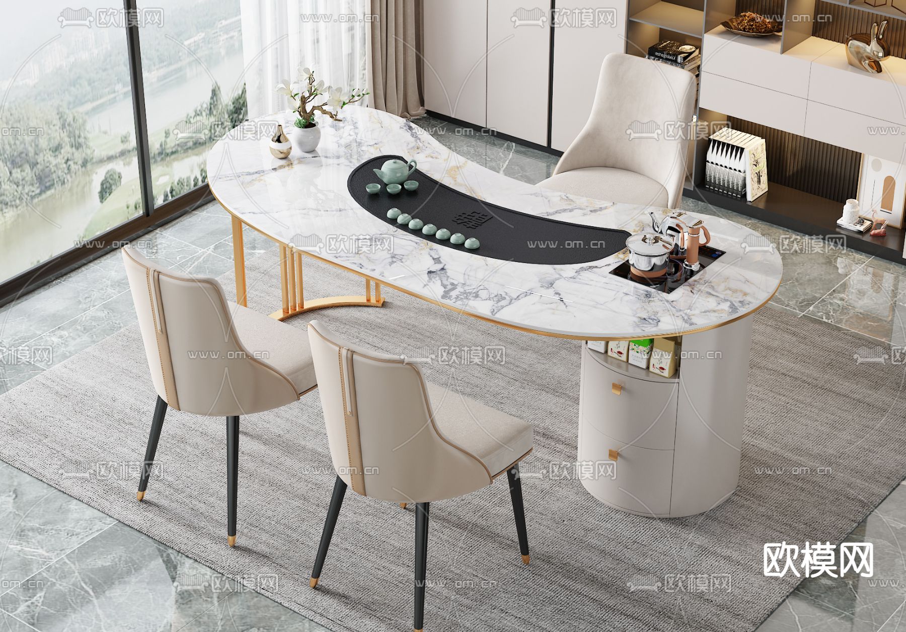 现代大理石茶桌椅3d模型下载（渲染图1）