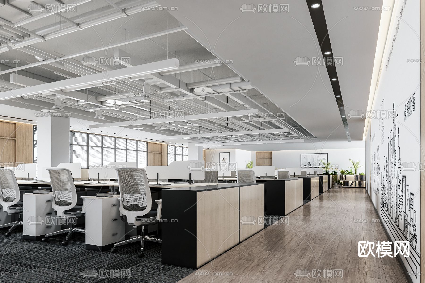 现代开放式办公区su模型下载（渲染图1）