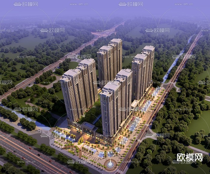 简欧高层住宅鸟瞰3d模型下载