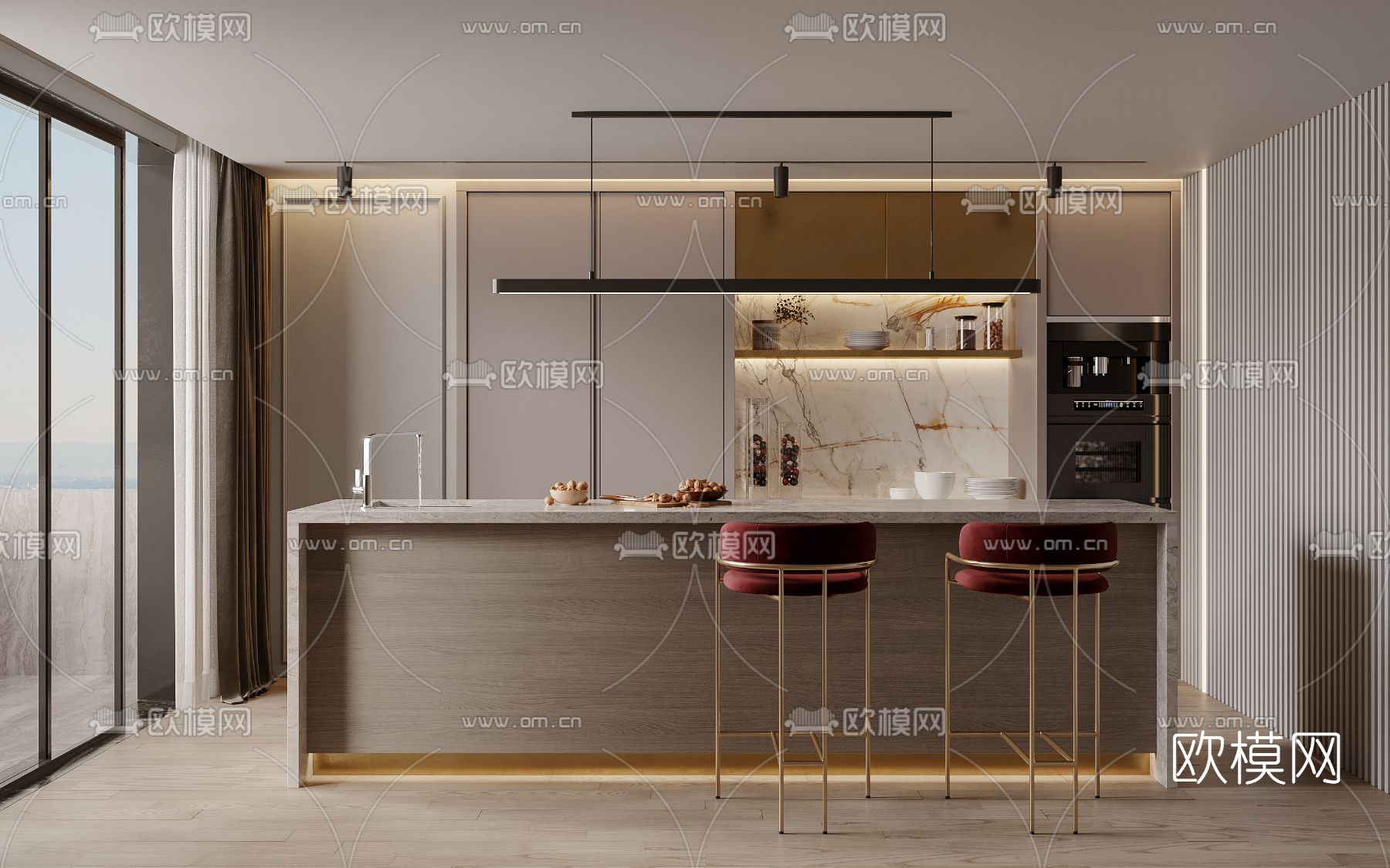 现代吧台吧台椅3d模型下载（渲染图1）