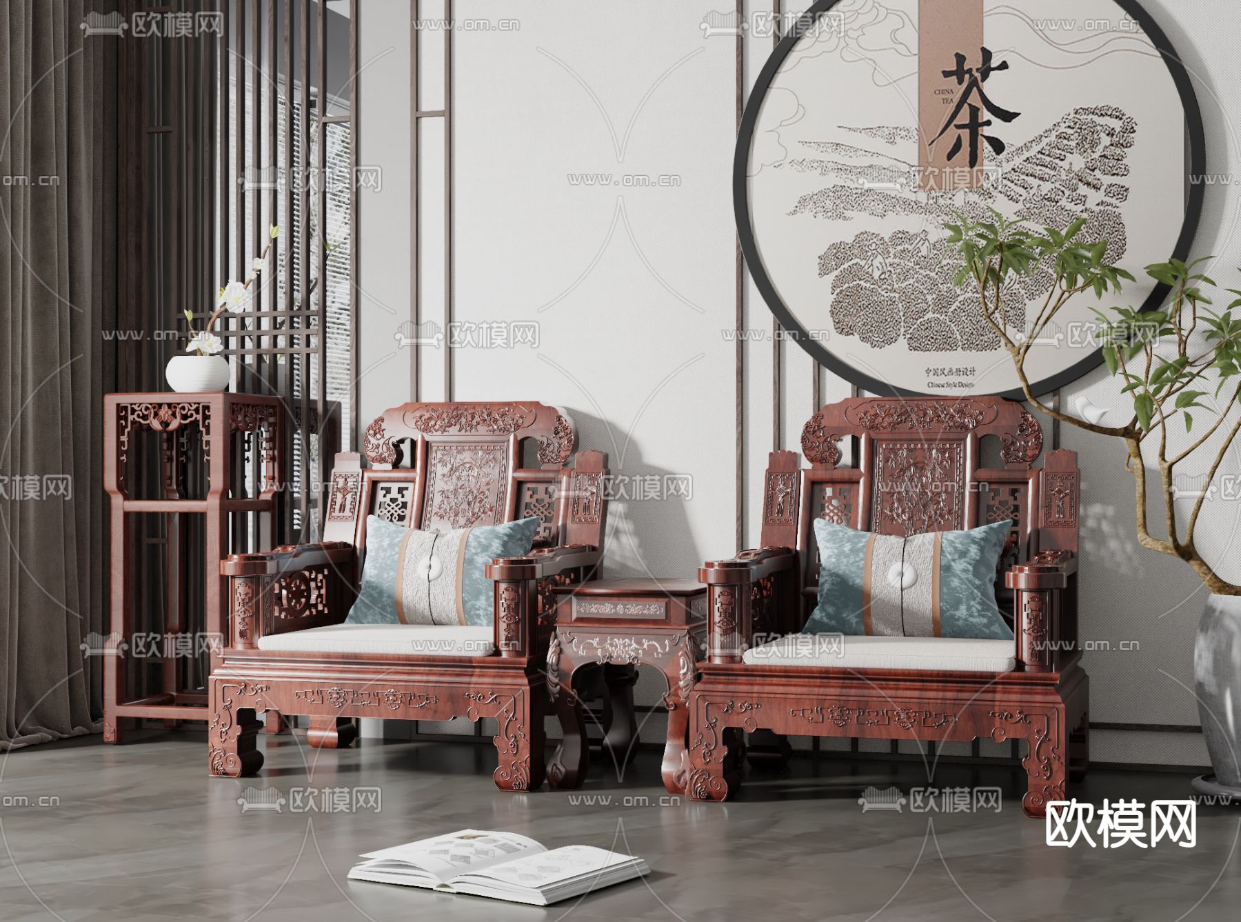 中式红木雕花单人沙发3d模型下载