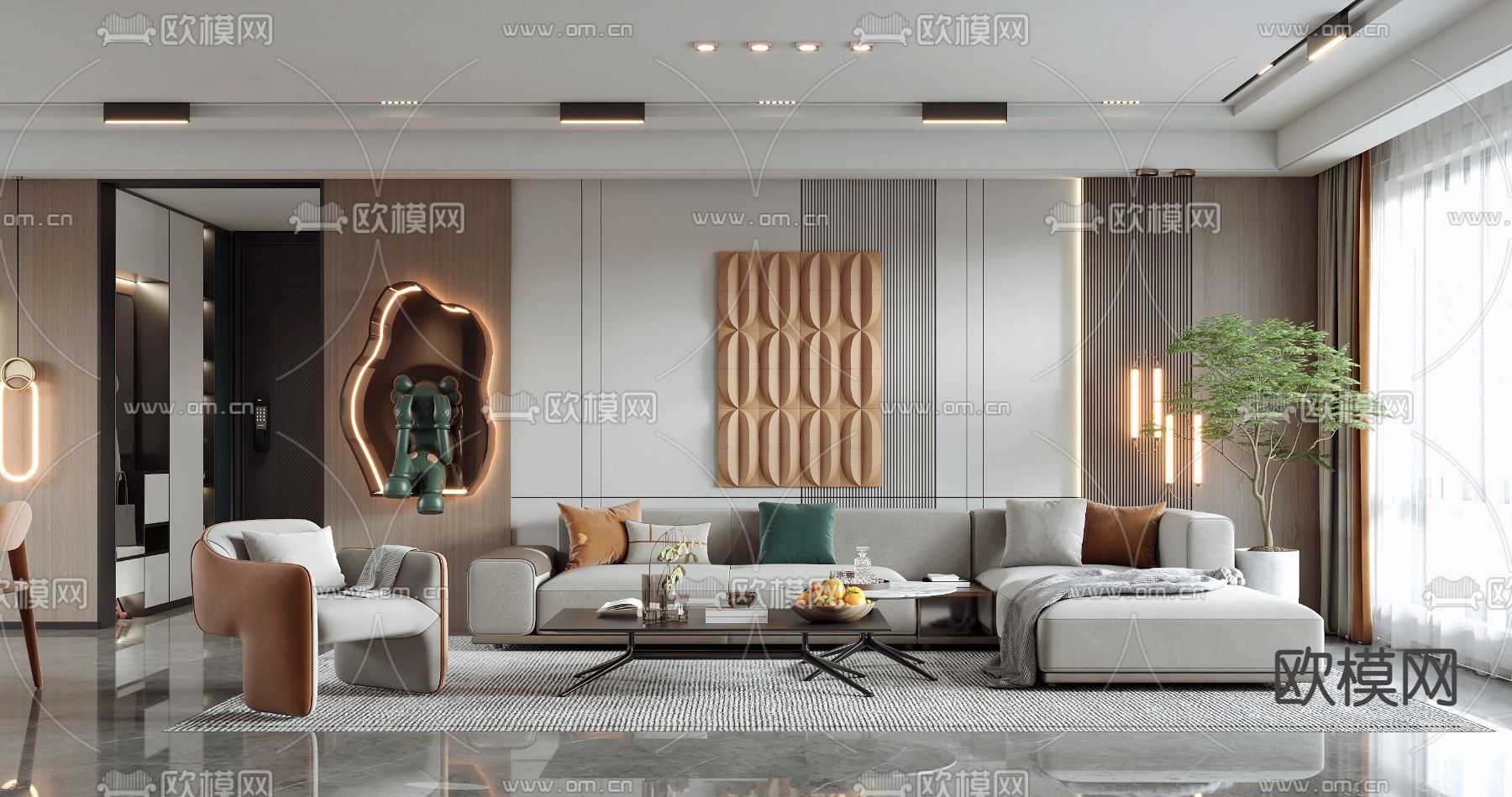 现代客厅餐厅3d模型下载（渲染图1）