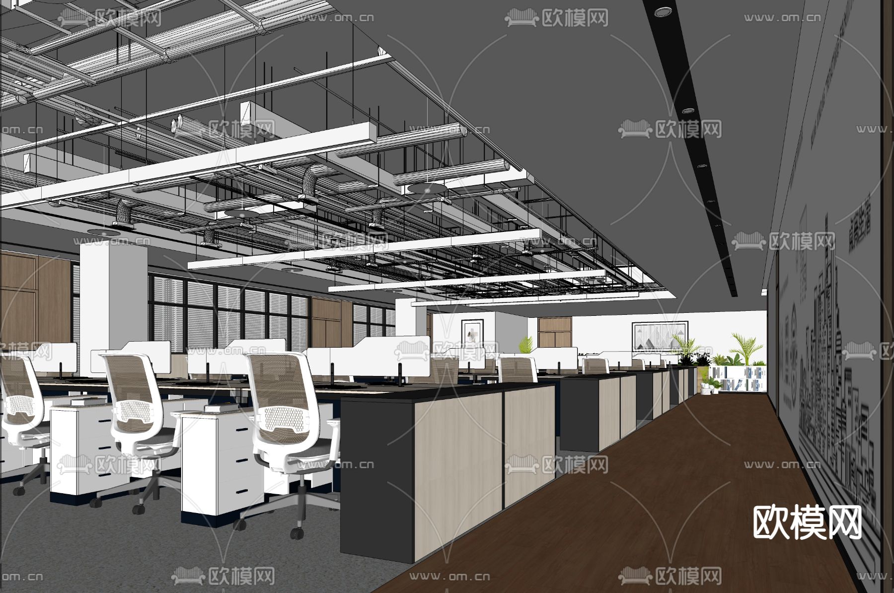 现代开放式办公区su模型下载（渲染图2）