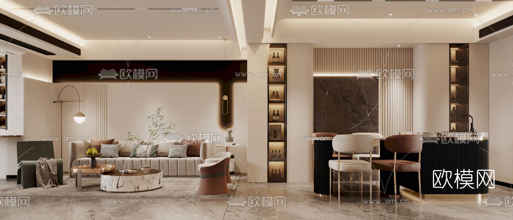 现代轻奢客厅餐厅3d模型下载（渲染图3）