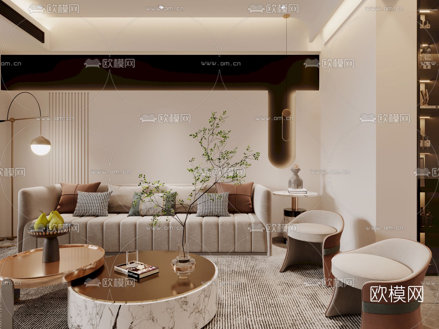 现代轻奢客厅餐厅3d模型下载（渲染图1）