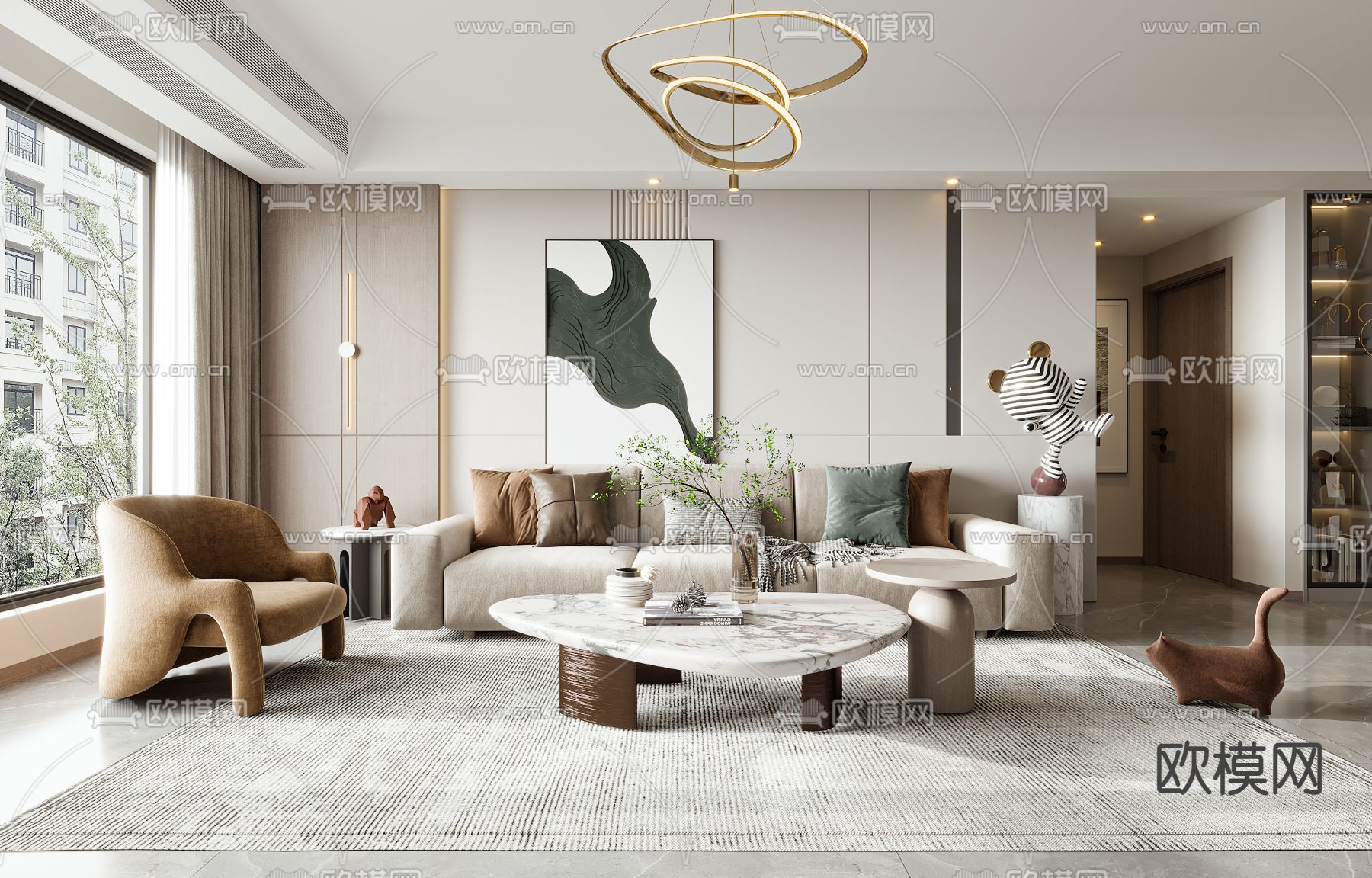 现代布艺沙发组合su模型下载（渲染图1）