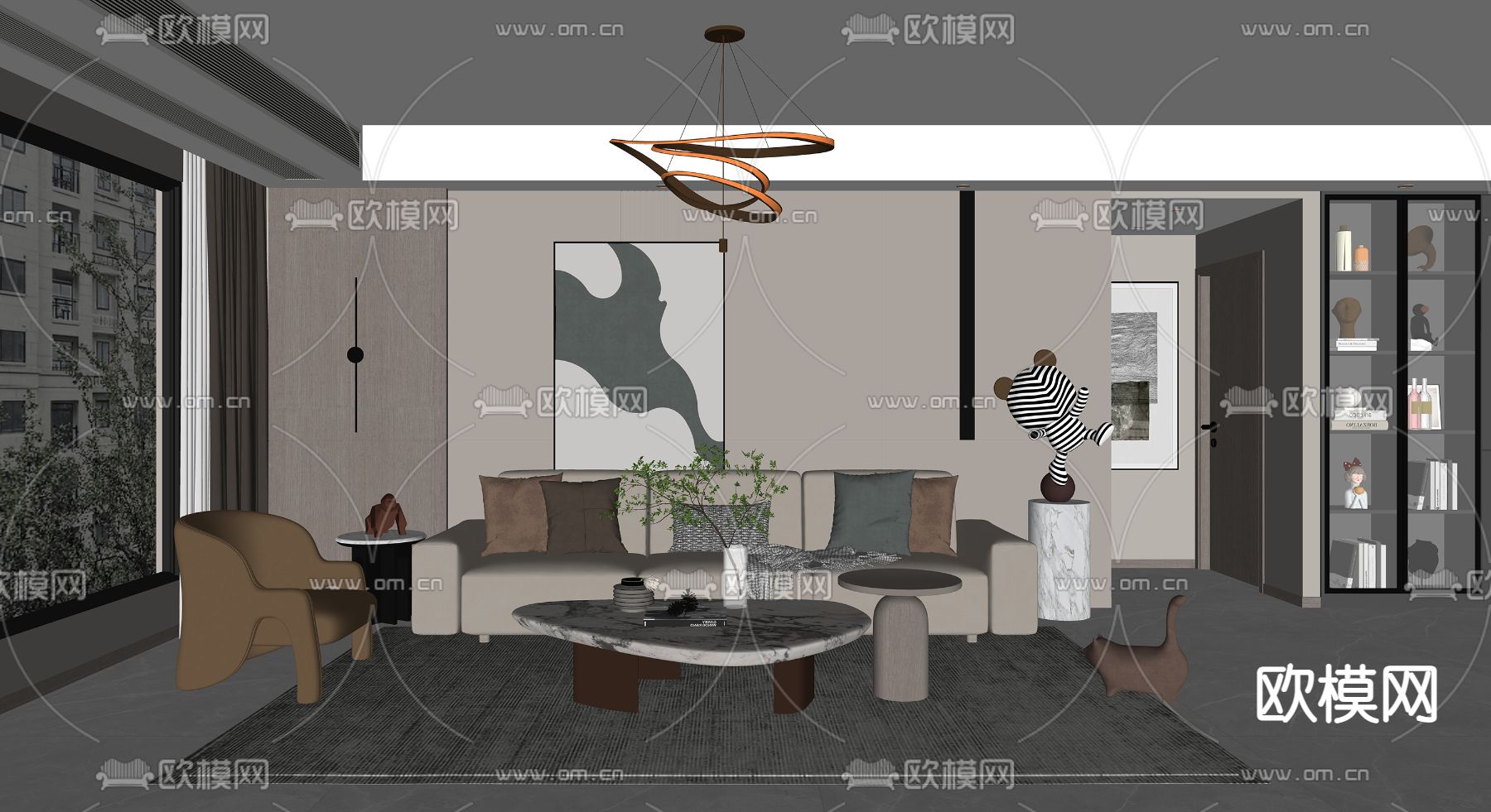 现代布艺沙发组合su模型下载（渲染图2）