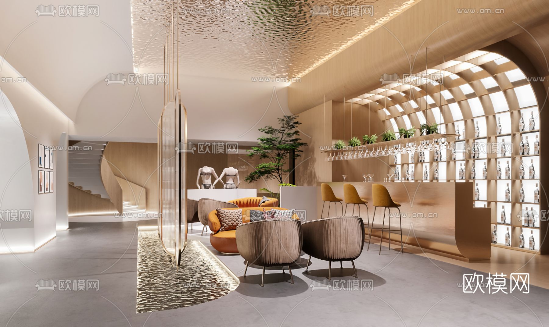 现代轻奢酒店大堂吧3d模型下载