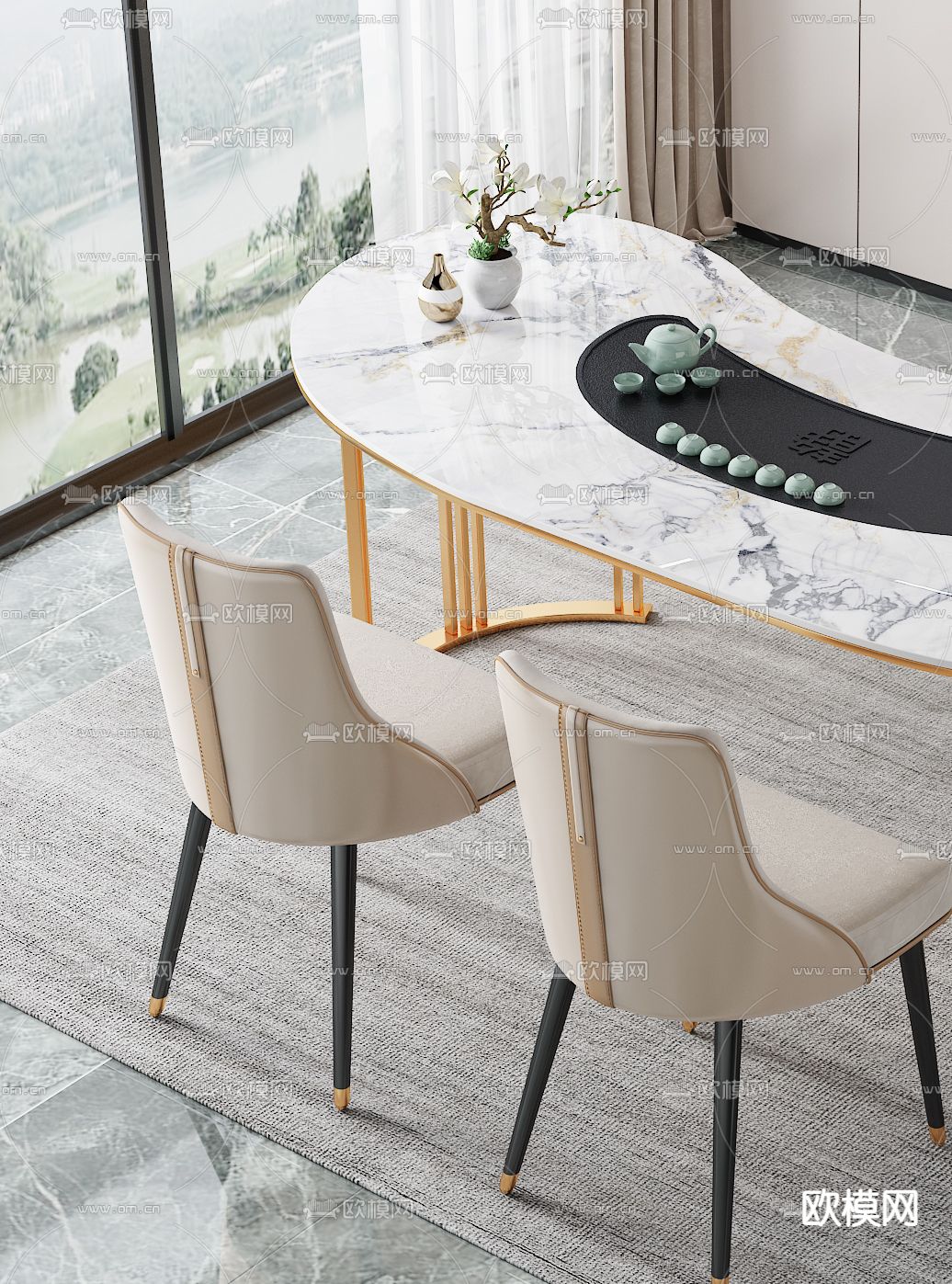 现代大理石茶桌椅3d模型下载（渲染图3）