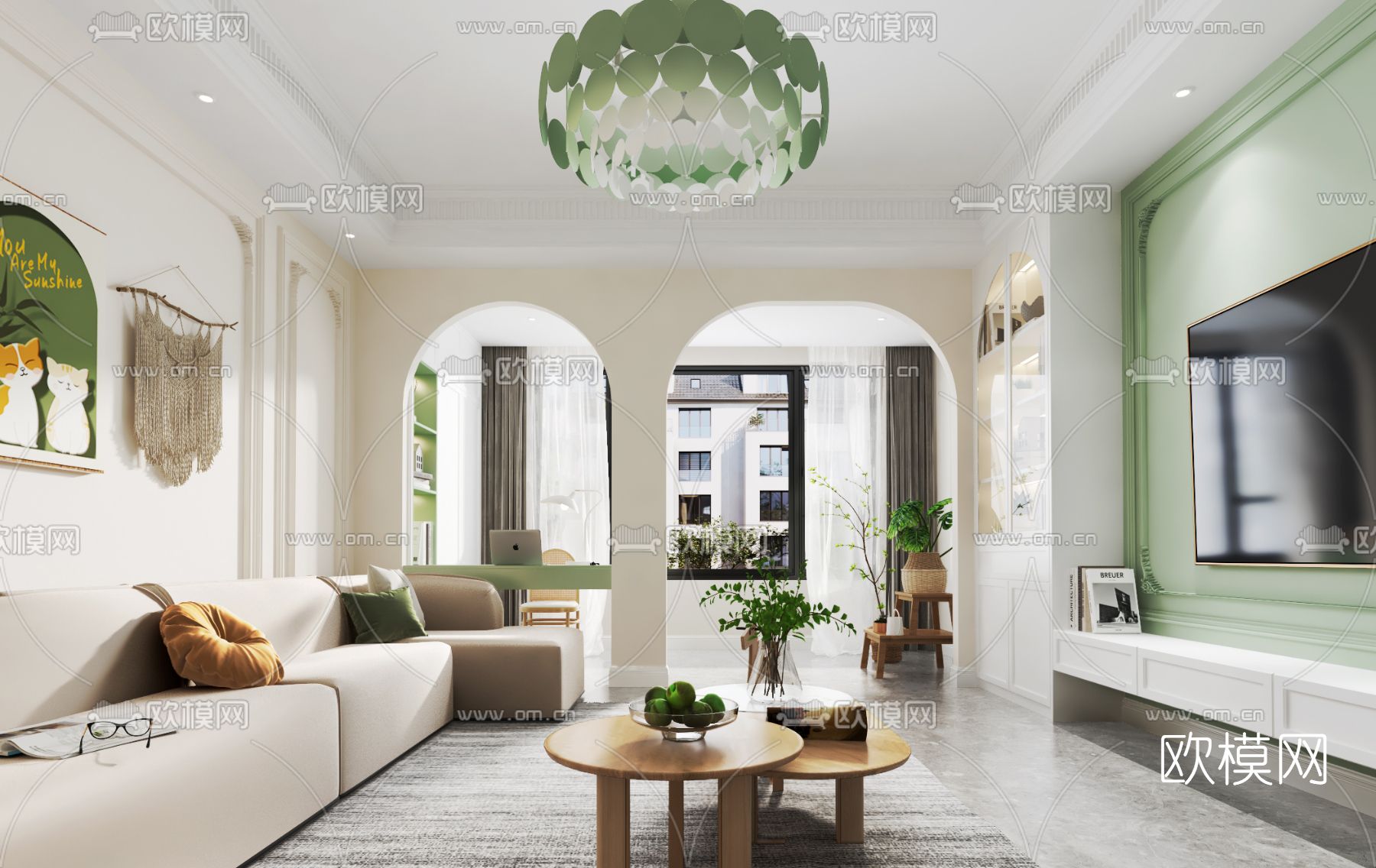 北欧青色客厅3d模型下载（渲染图4）