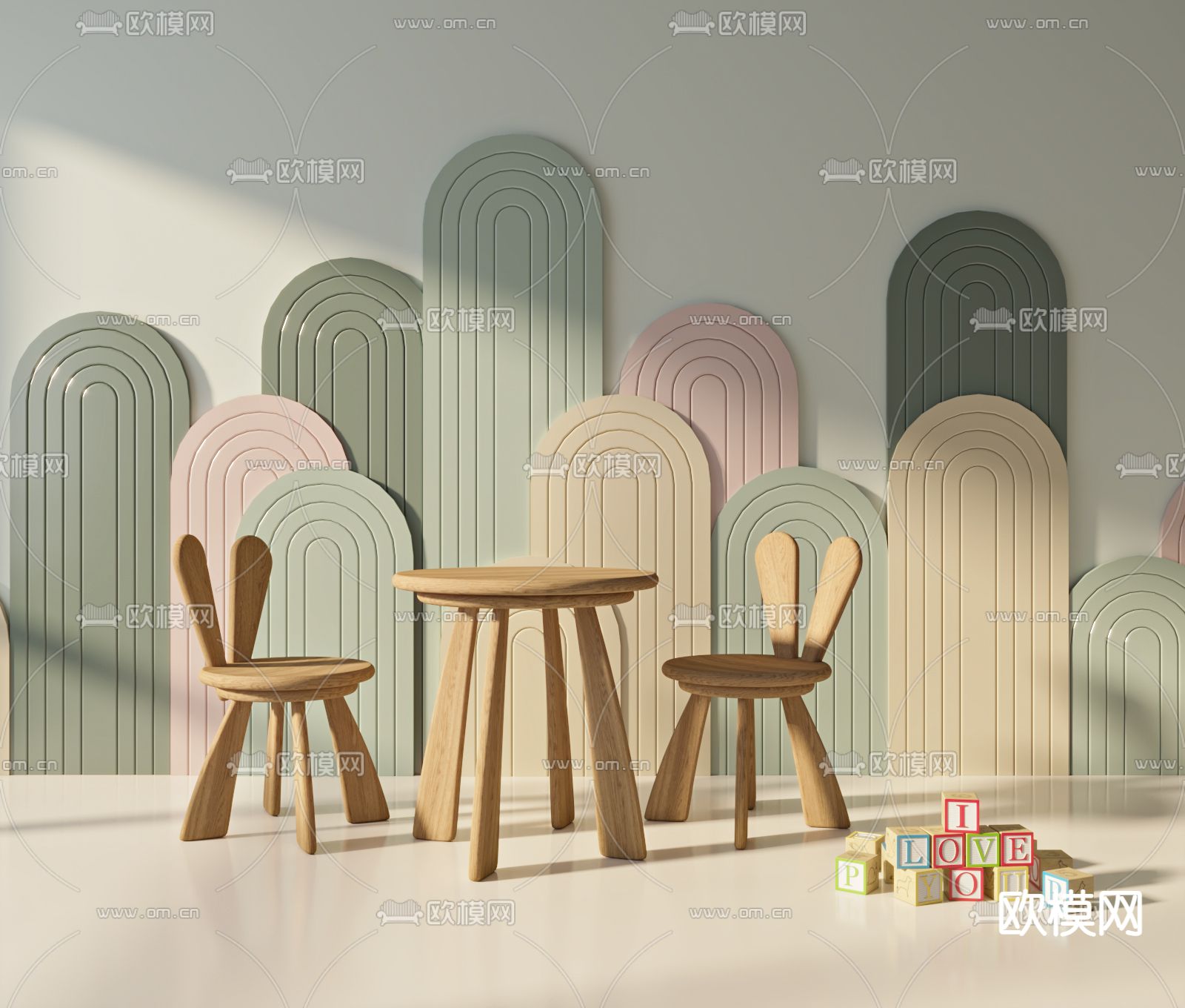 现代实木儿童桌椅3d模型下载