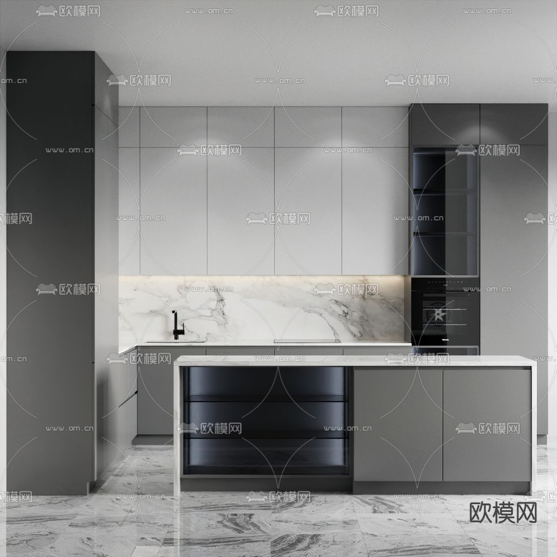 现代厨房橱柜3d模型下载（渲染图1）