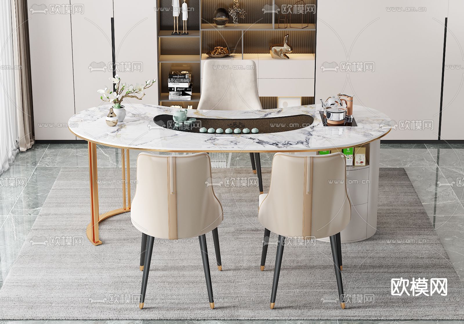 现代大理石茶桌椅3d模型下载（渲染图2）