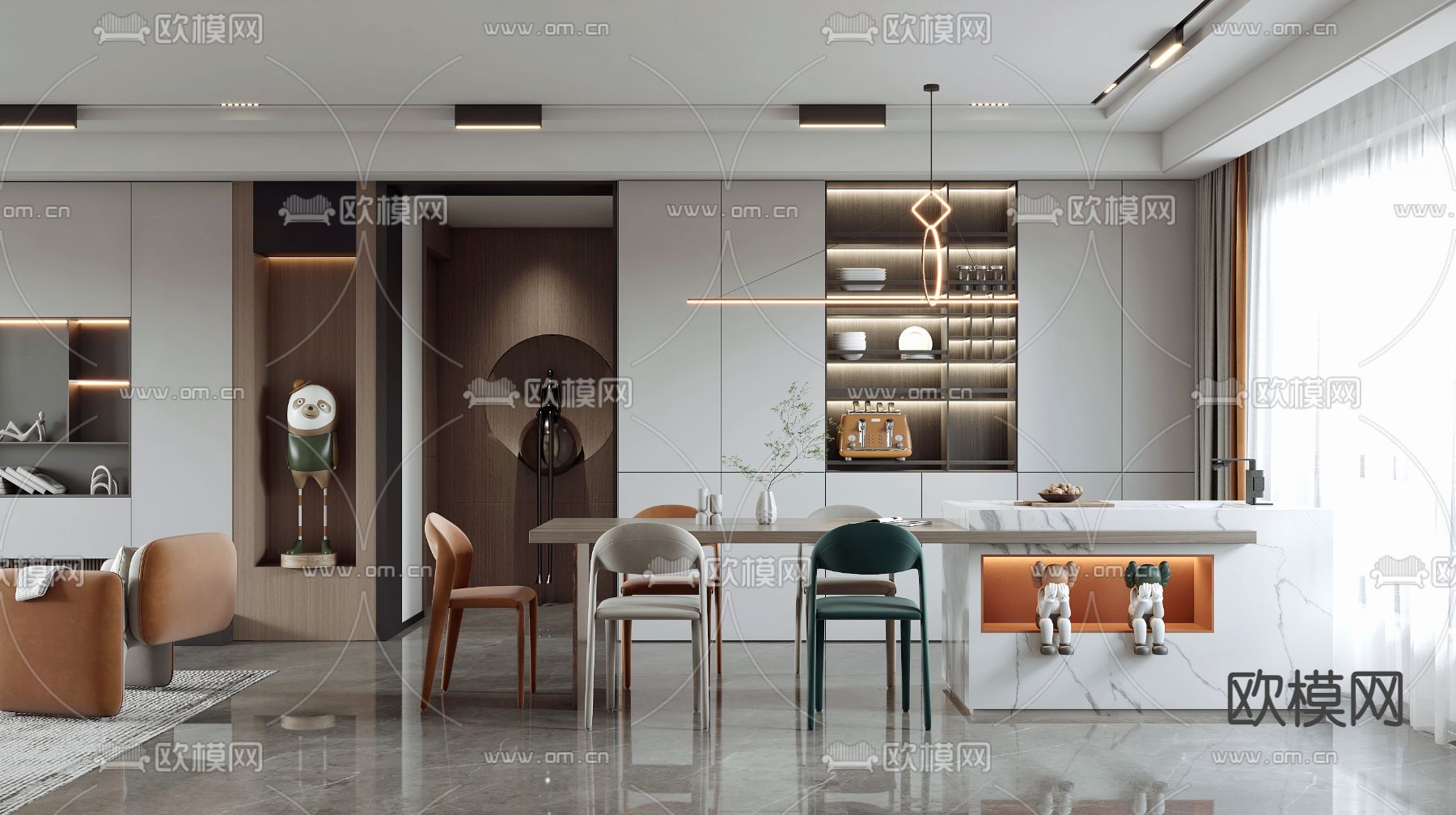 现代客厅餐厅3d模型下载（渲染图3）