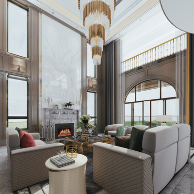 简欧别墅客厅餐厅全景3d模型