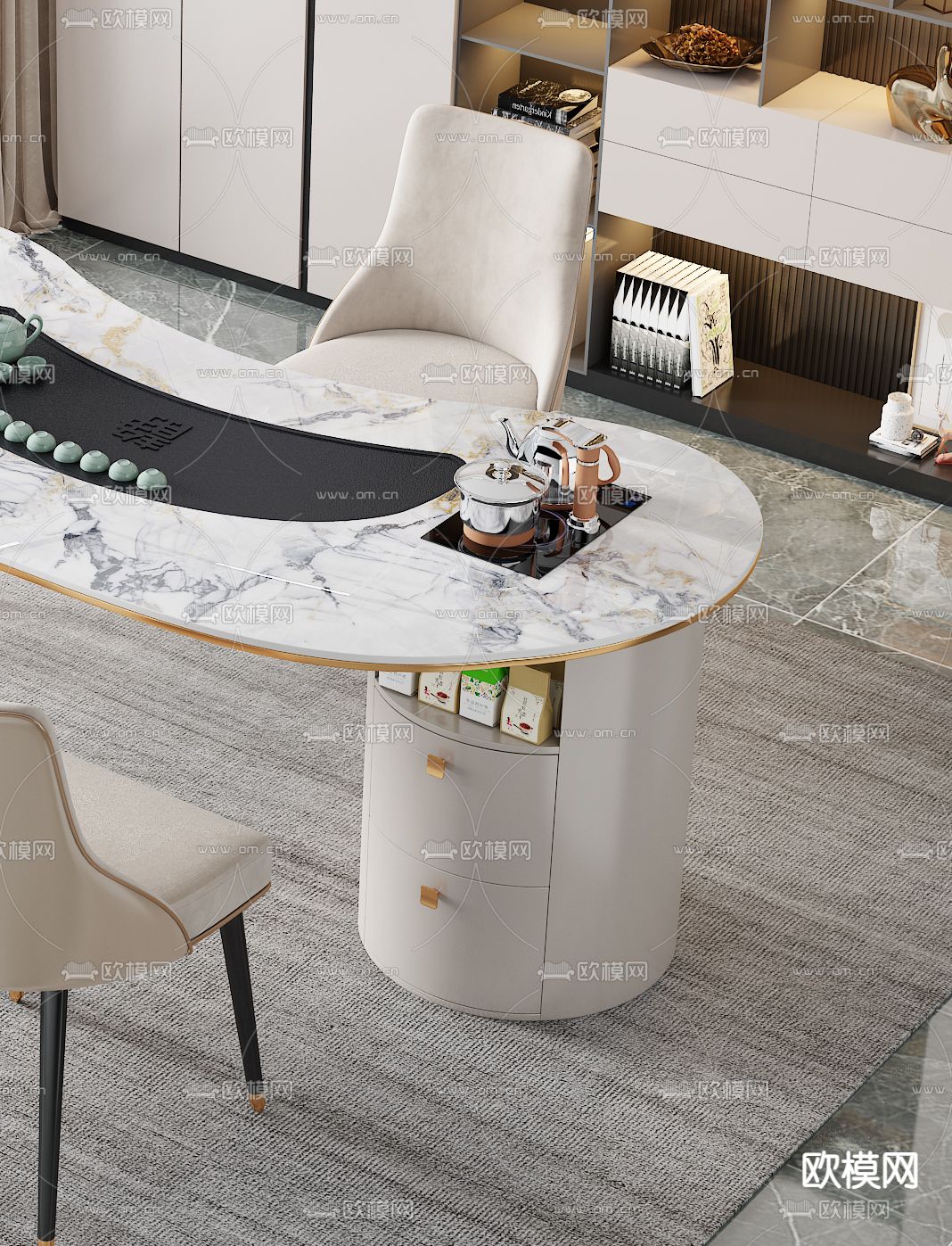 现代大理石茶桌椅3d模型下载（渲染图4）