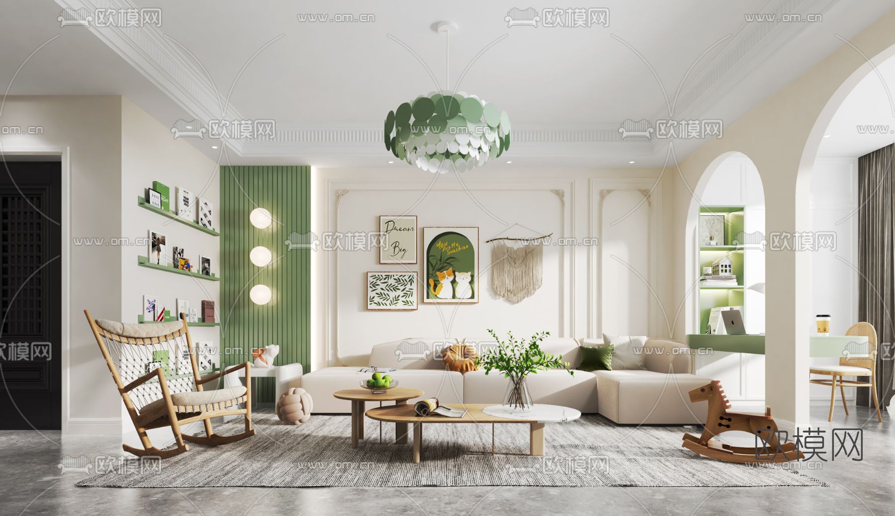 北欧青色客厅3d模型下载（渲染图1）