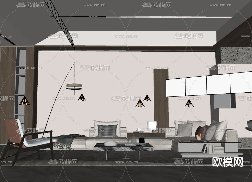 现代转角沙发组合su模型下载（渲染图2）