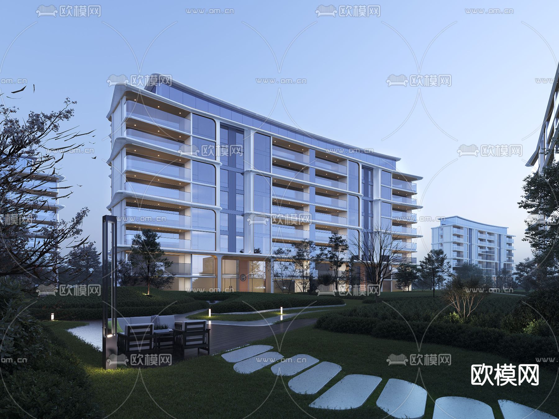 现代多层住宅楼建筑外观3d模型下载