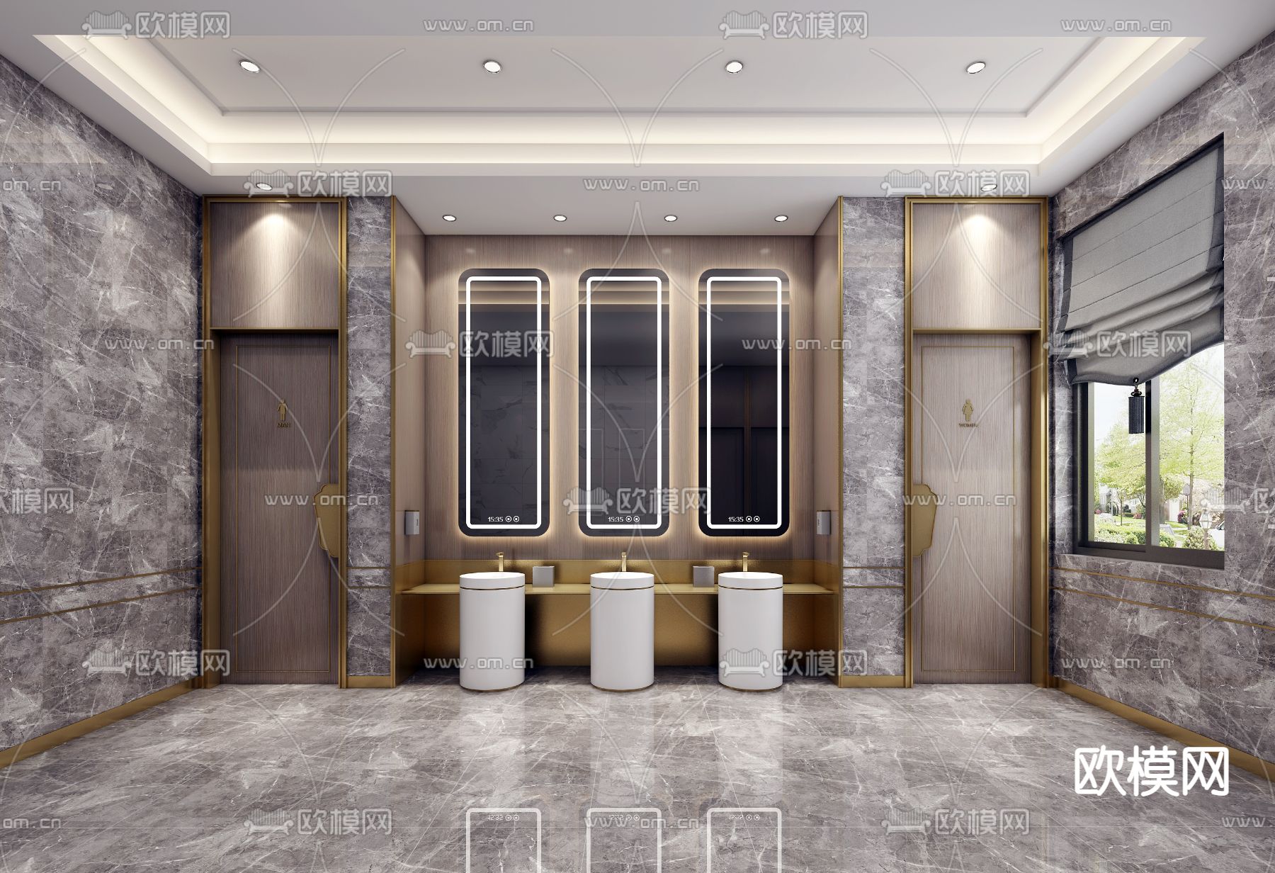 新中式公共卫生间3d模型下载（渲染图2）