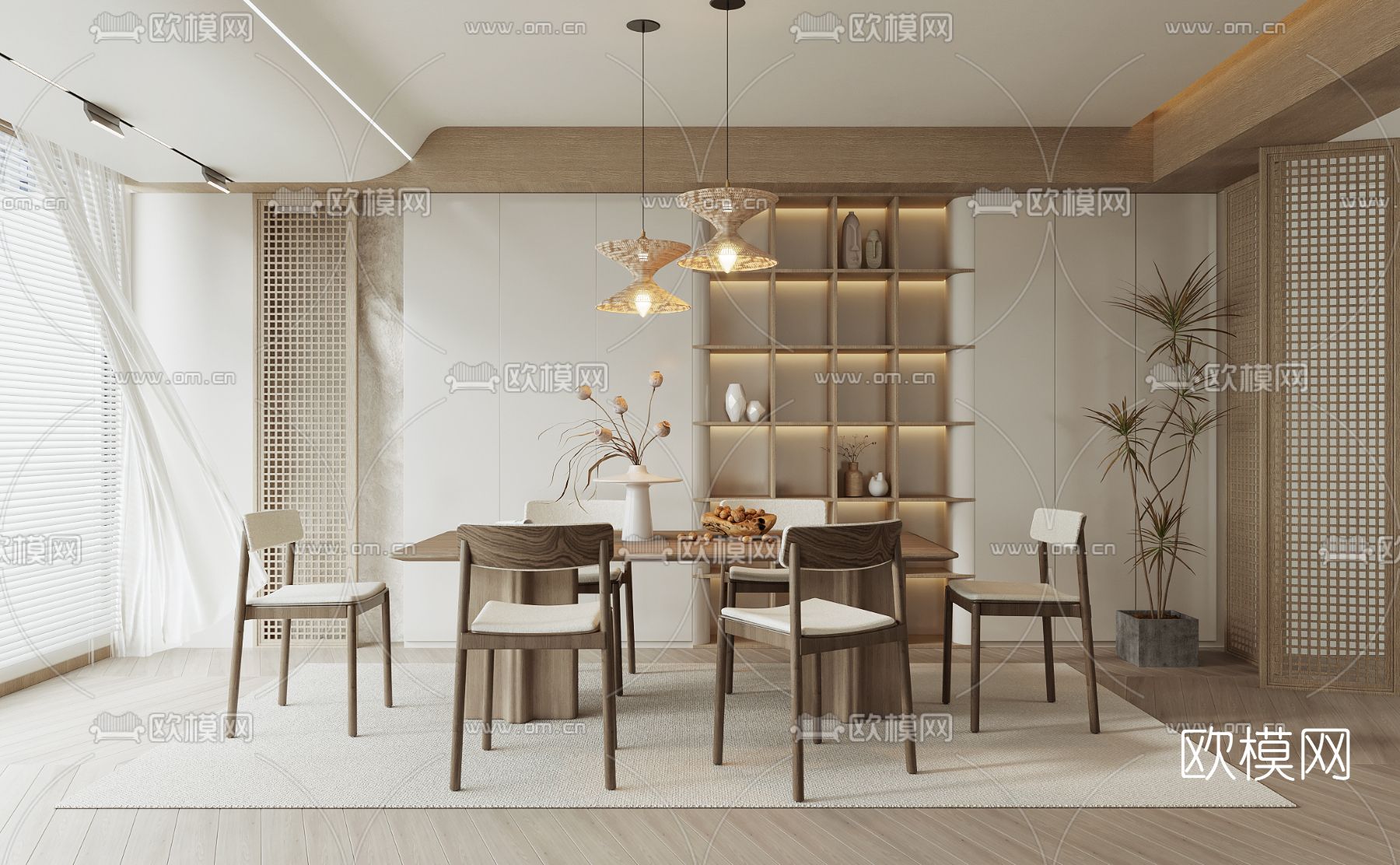 侘寂条形木质餐桌椅3d模型下载