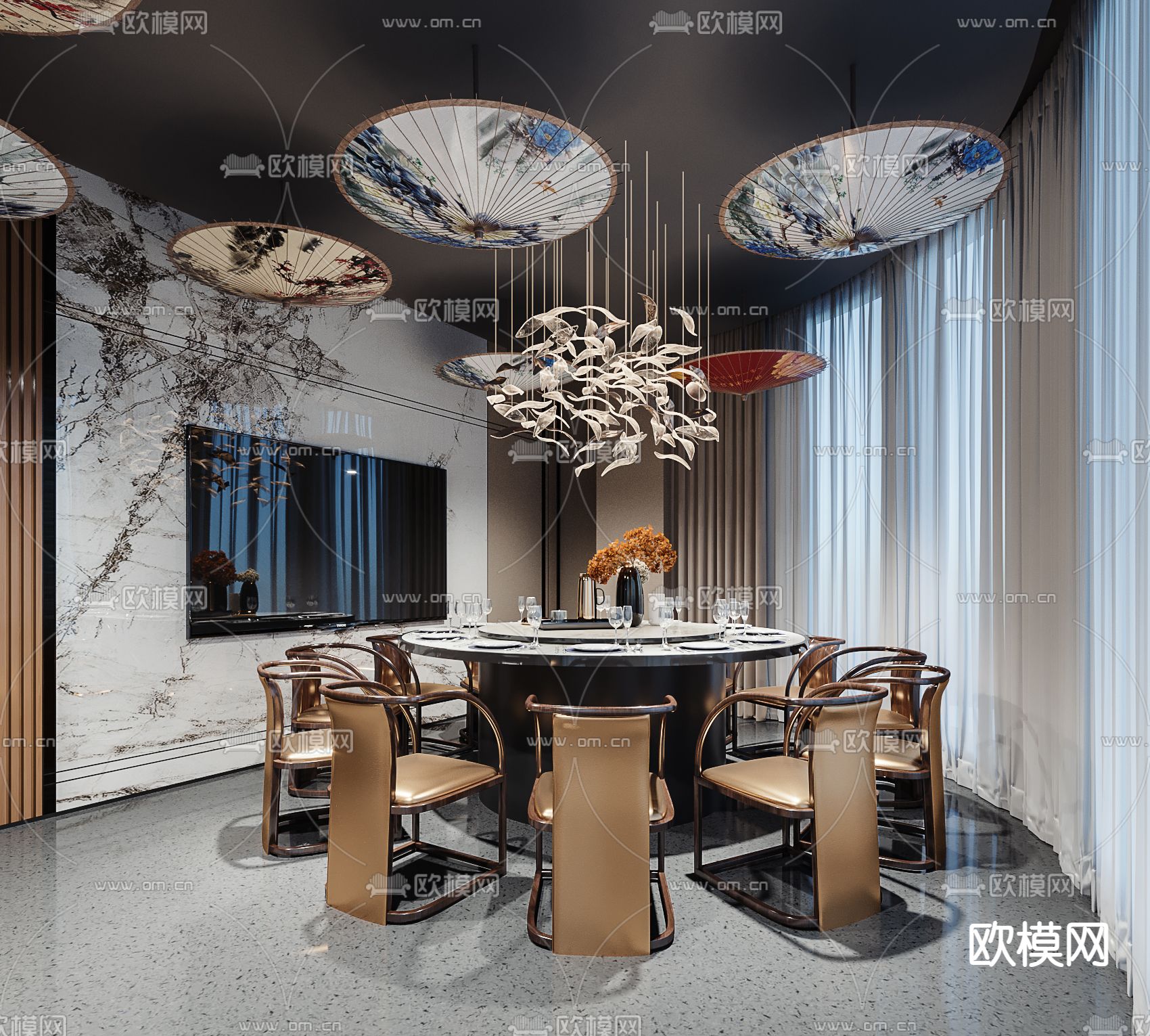 新中式轻奢餐厅包房3d模型下载_ID11938464_3dmax免费模型-欧模网