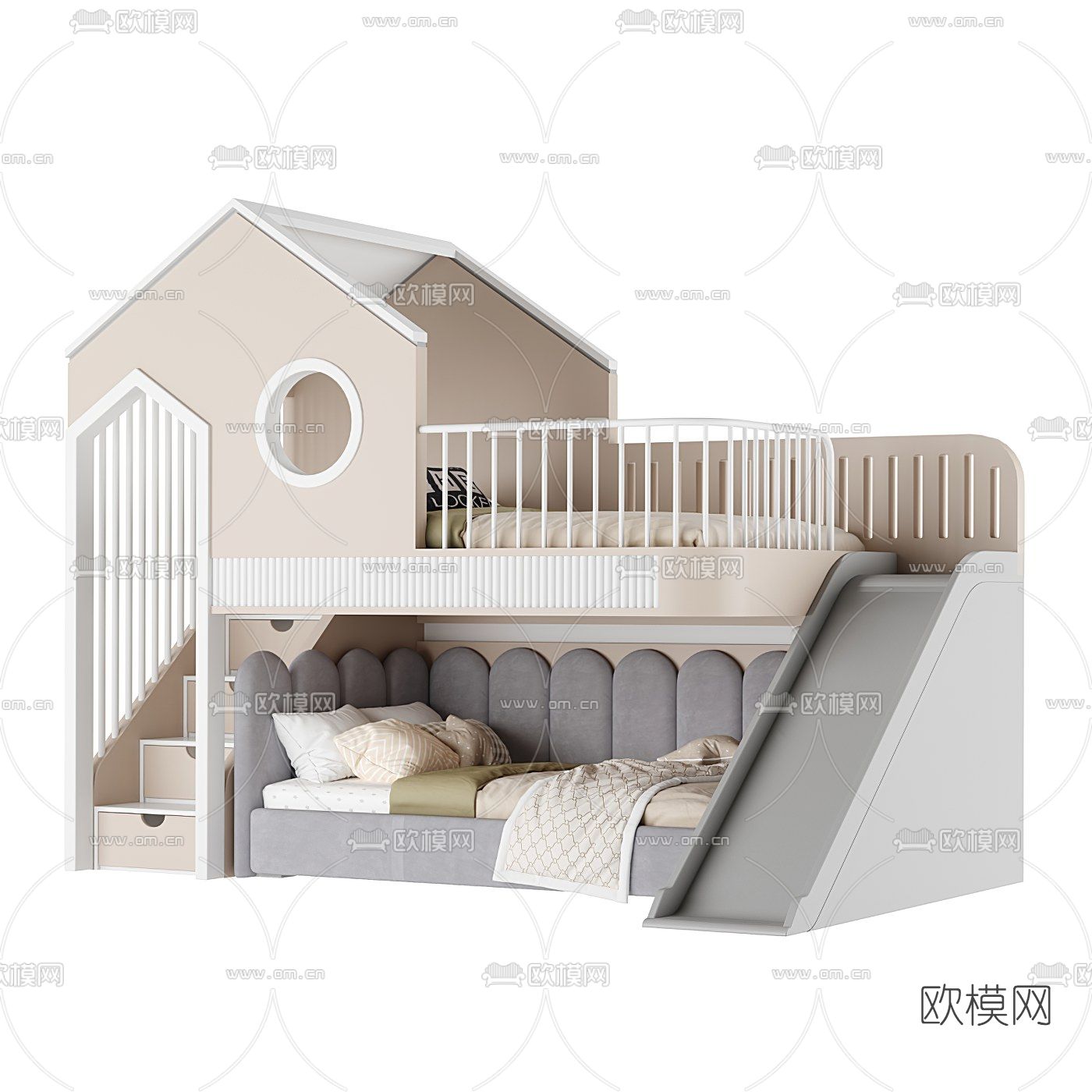 现代布艺上下铺儿童床3d模型下载（渲染图1）