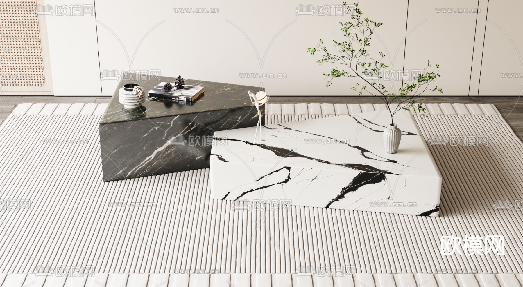 现代大理石茶几su模型下载（渲染图2）