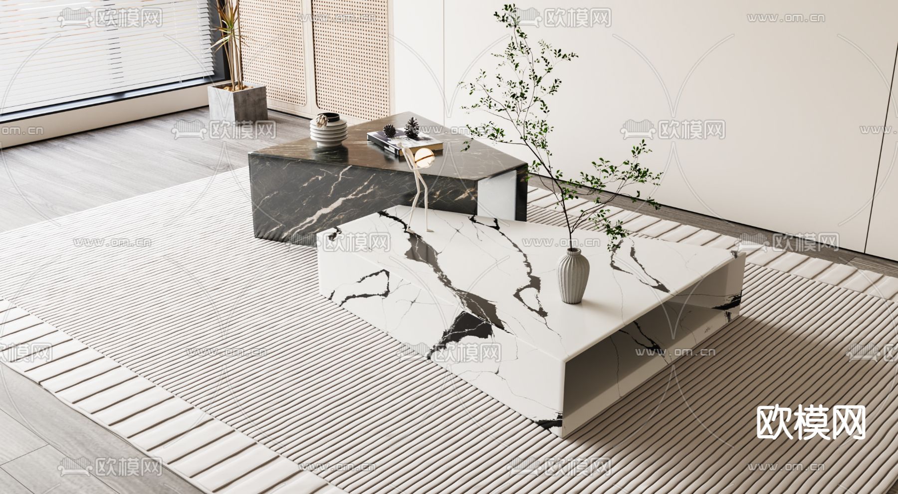 现代大理石茶几su模型下载（渲染图1）