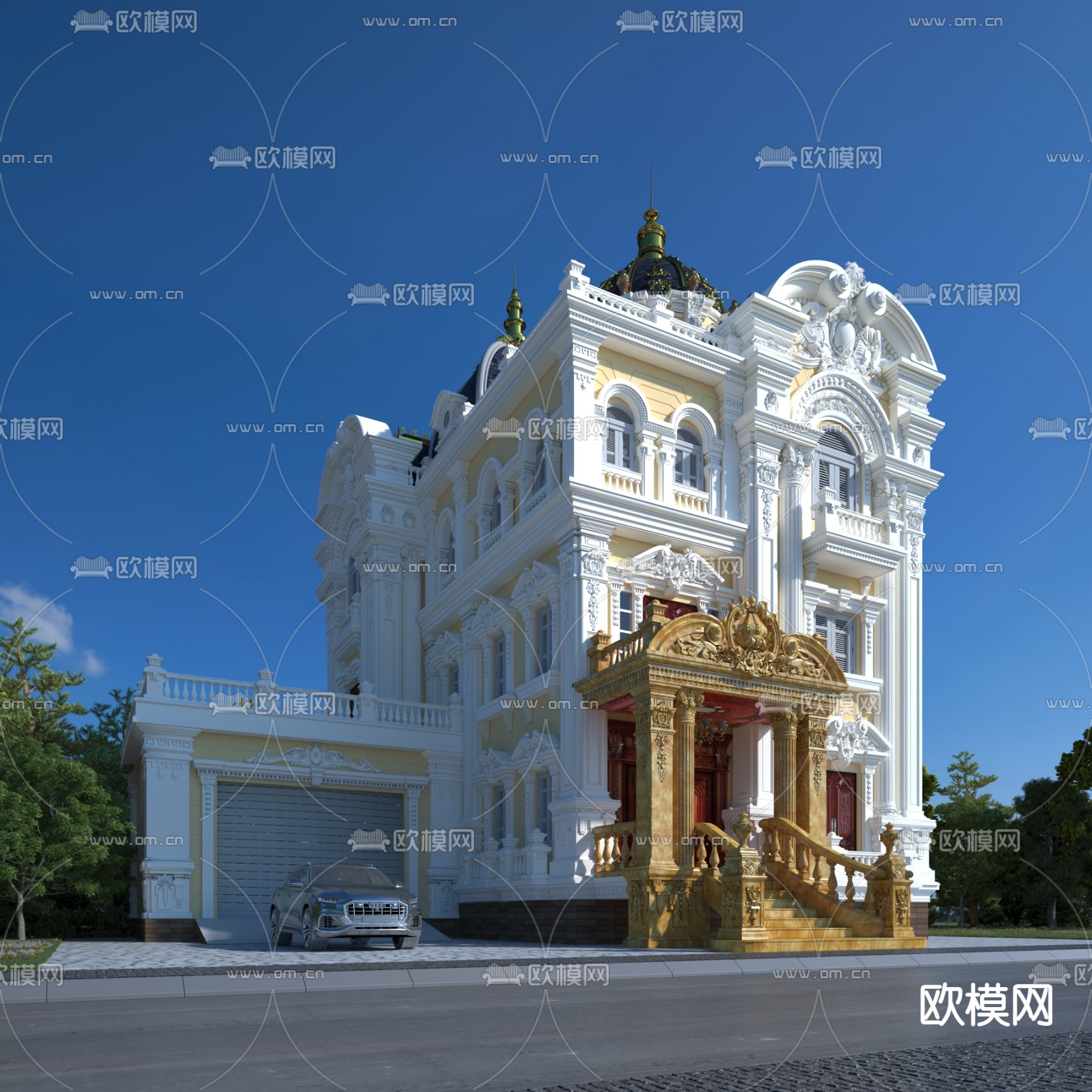 欧式独栋别墅外观3d模型下载（渲染图2）