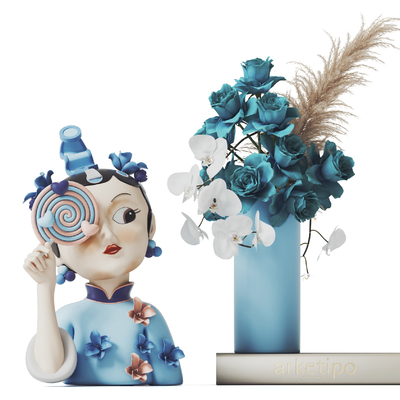  现代国潮旗袍少女摆件su模型 