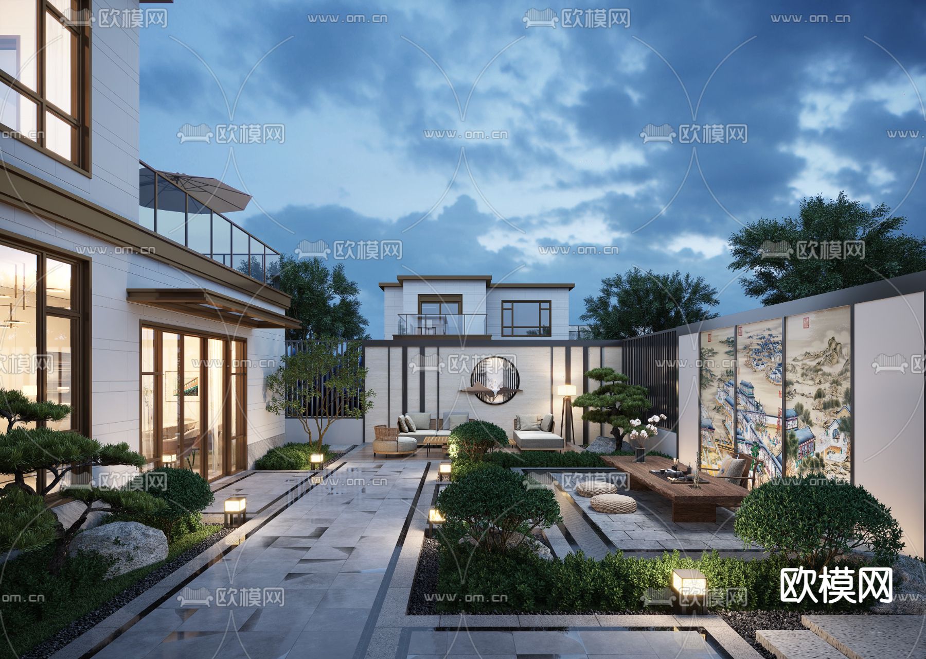 新中式别墅庭院景观夜景3d模型下载_ID11937456_3dmax免费模型-欧模网