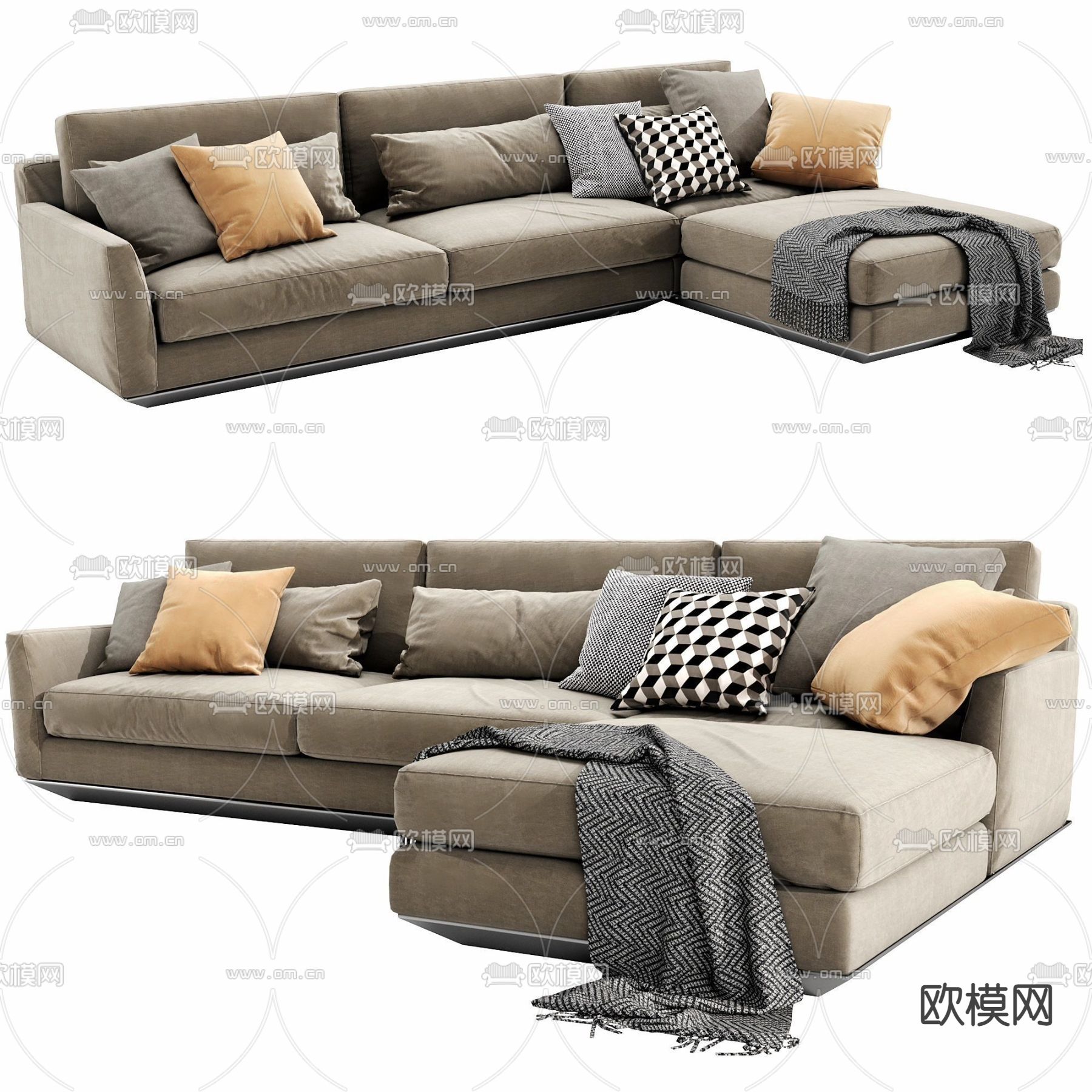 现代布艺转角沙发3d模型下载_ID：11942340_3dmax免费模型-欧模网