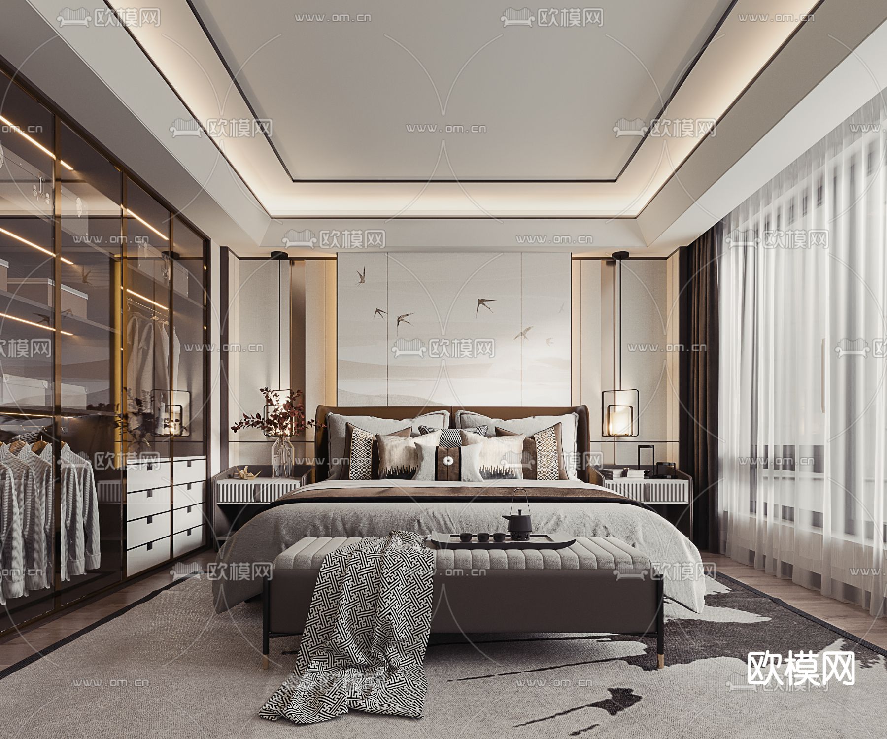 新中式卧室主人房3d模型下载