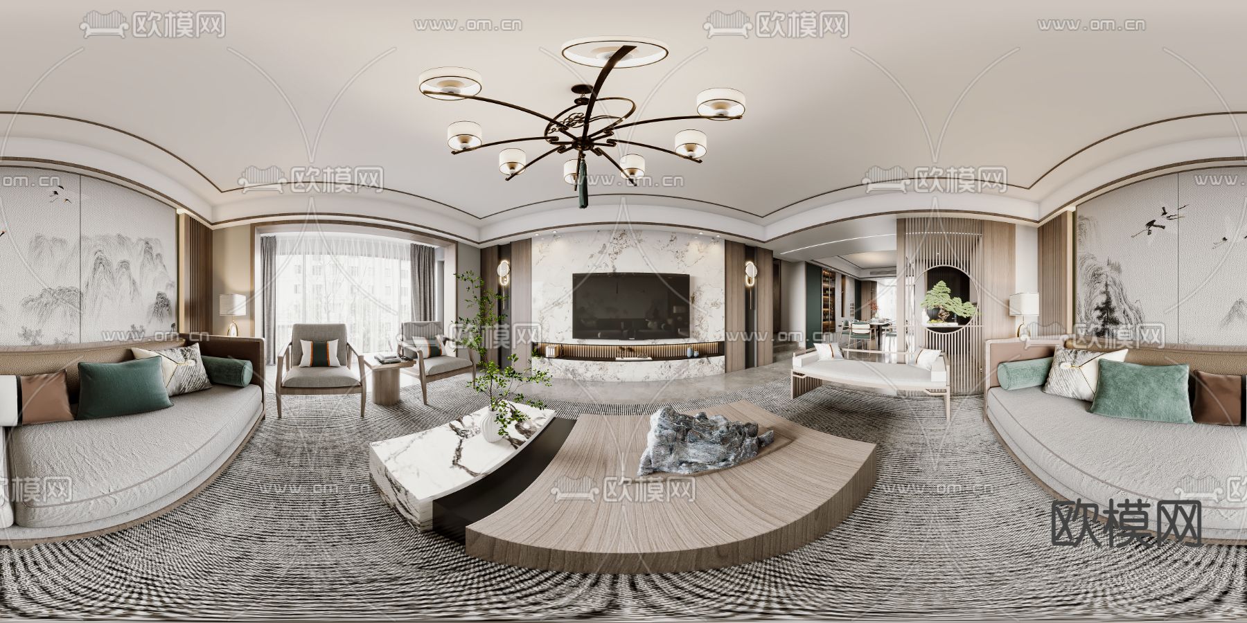 新中式客餐厅cr全景3d模型