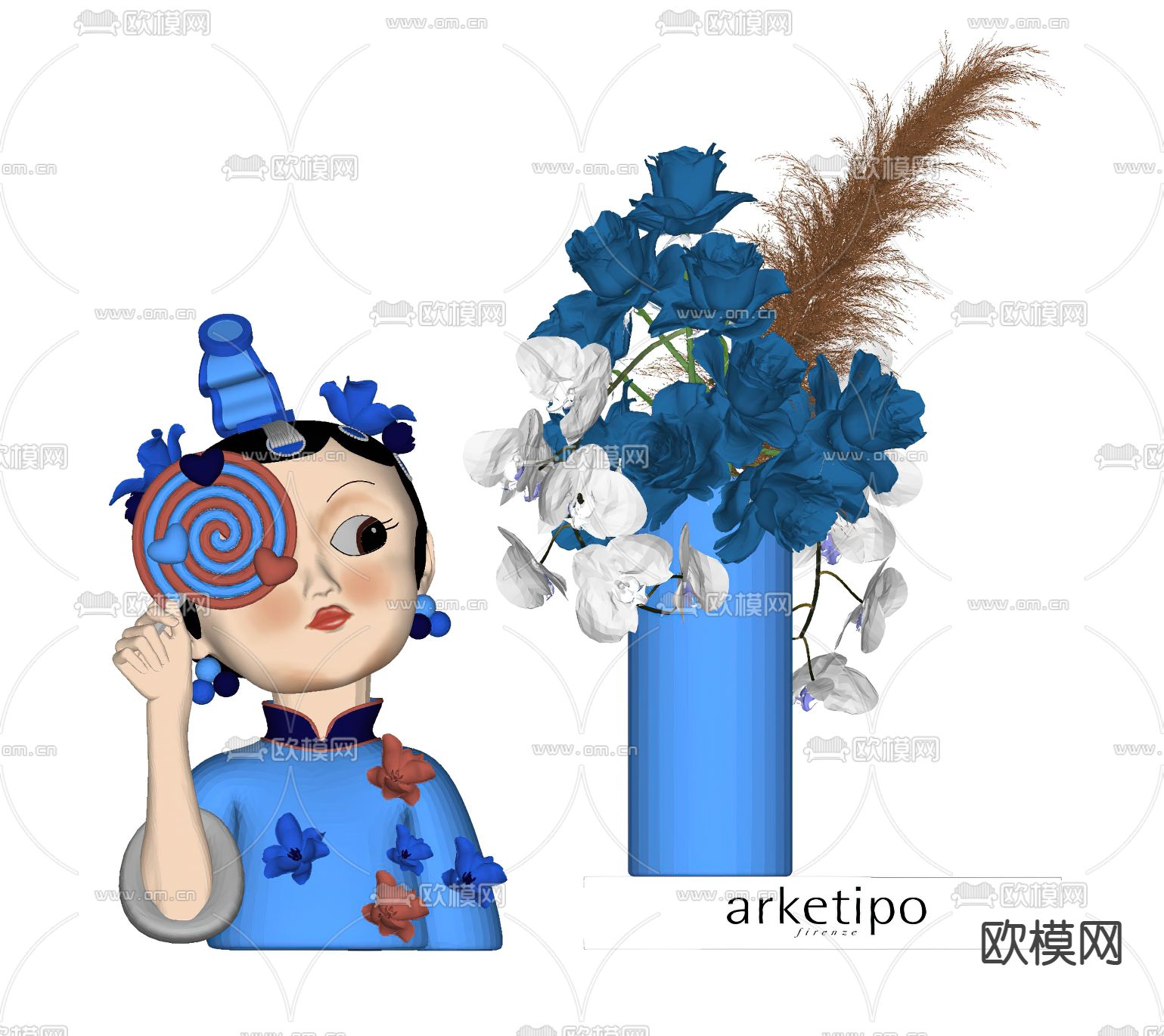 现代国潮旗袍少女摆件su模型下载（渲染图2）