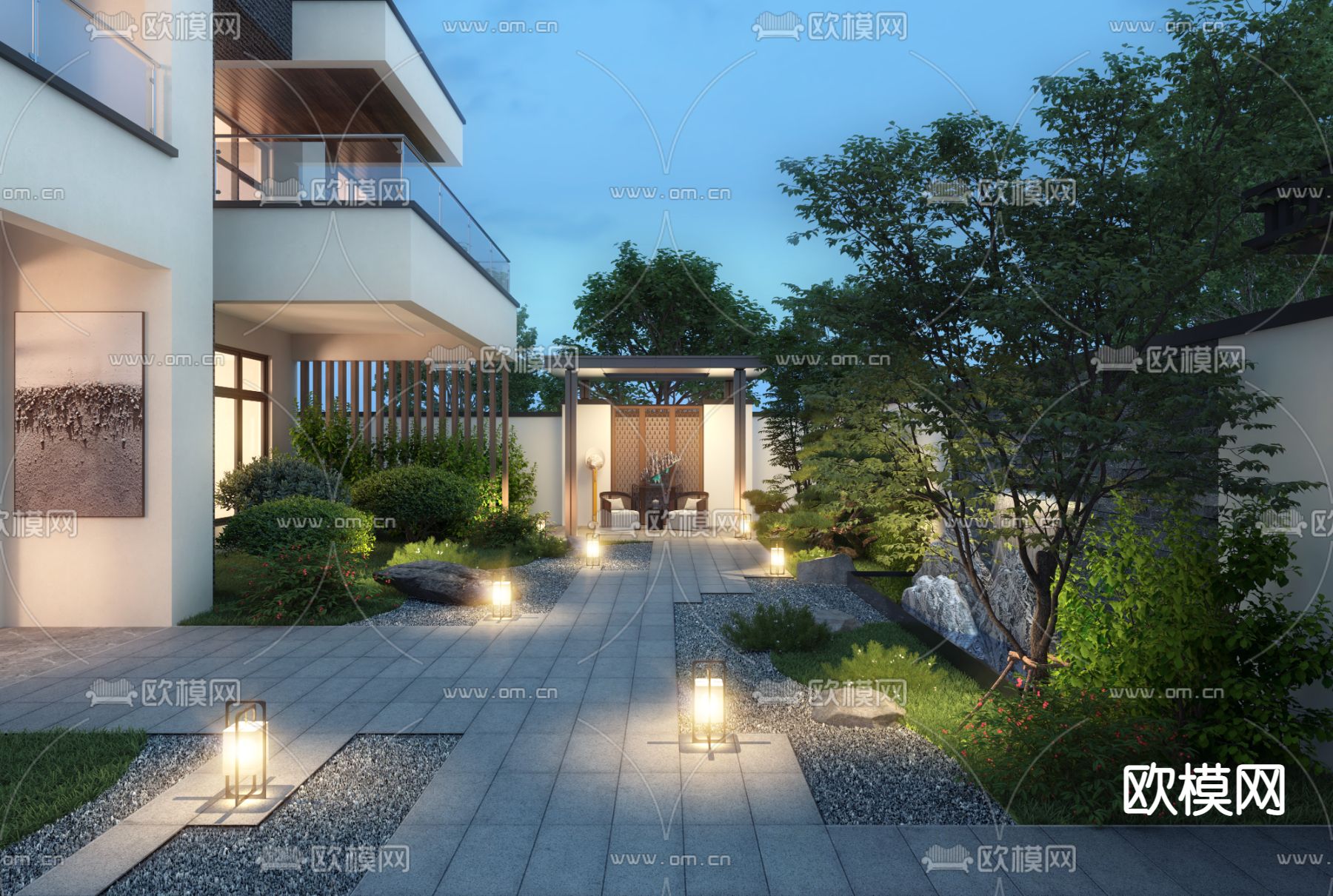 现代别墅庭院花园夜景3d模型下载_ID12028513_3dmax免费模型-欧模网