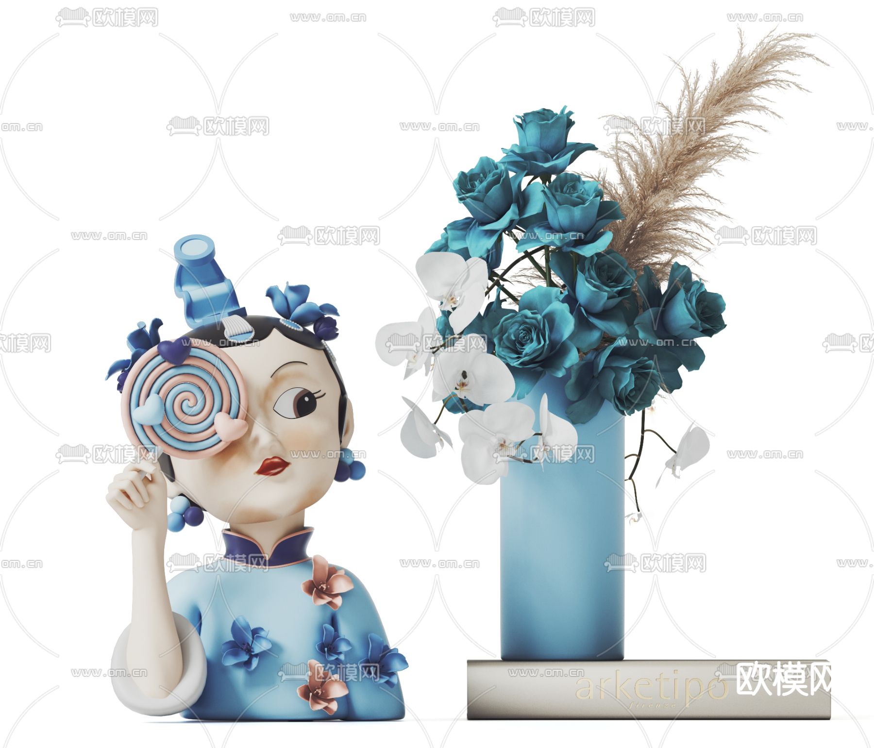 现代国潮旗袍少女摆件su模型下载（渲染图1）