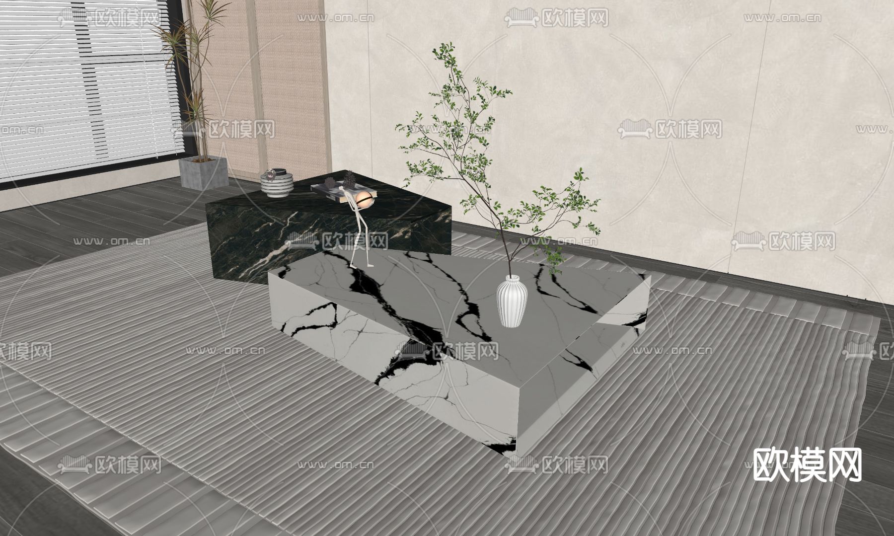 现代大理石茶几su模型下载（渲染图3）