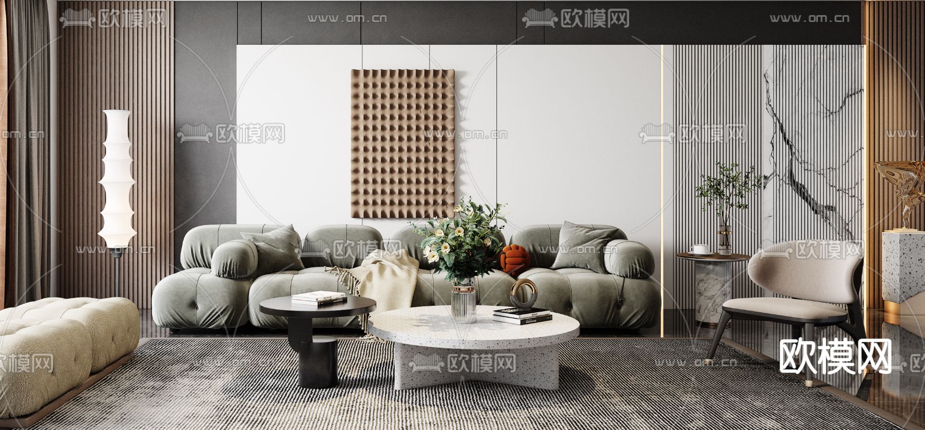 现代轻奢客厅餐厅3d模型下载（渲染图3）