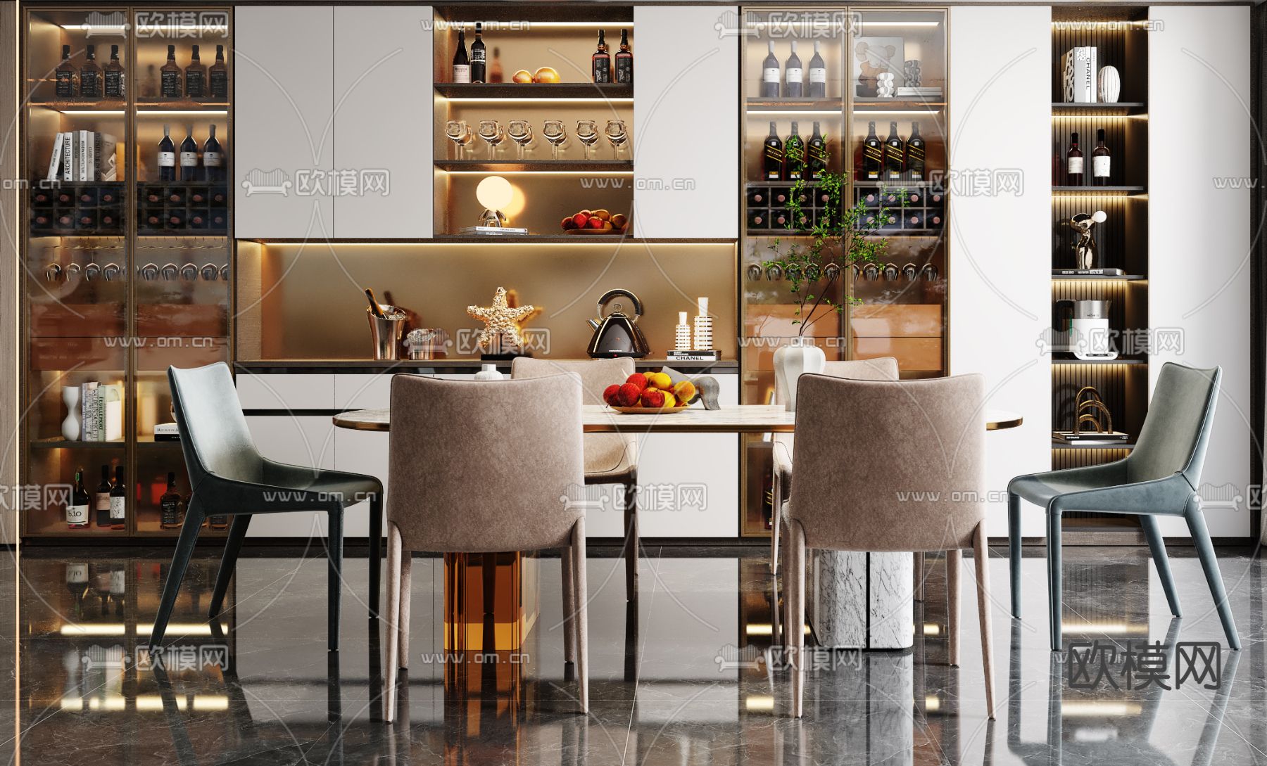 现代轻奢客厅餐厅3d模型下载（渲染图4）