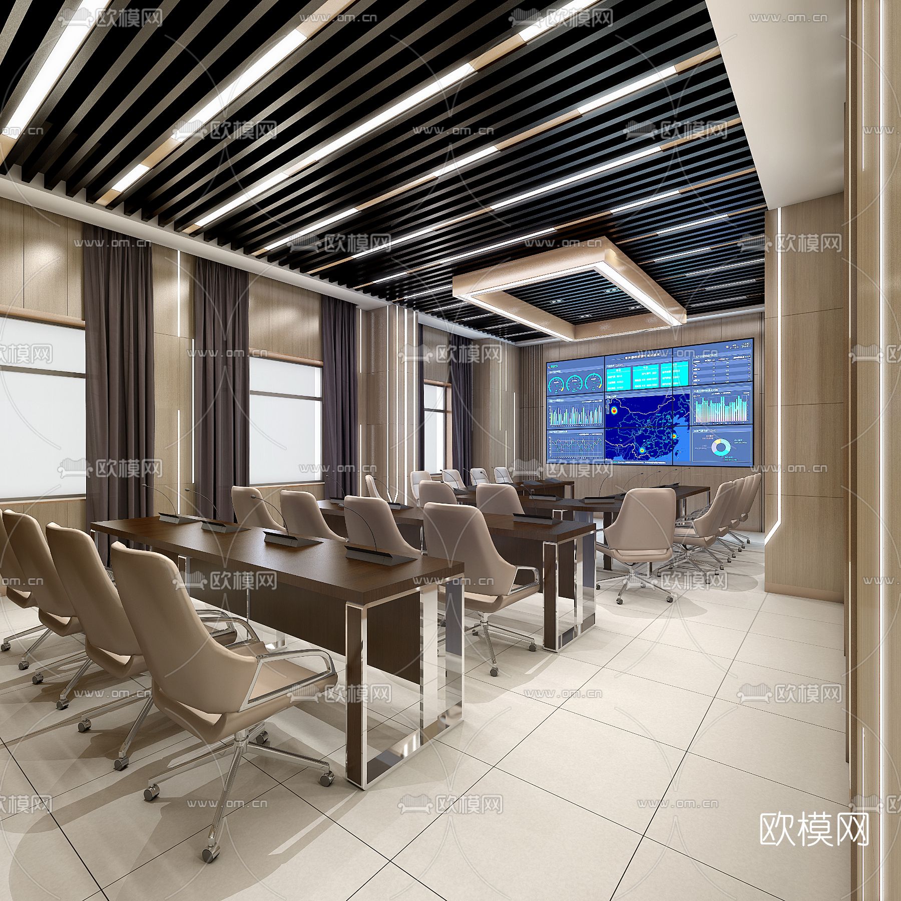 现代监控指挥中心免费3d模型下载（渲染图1）