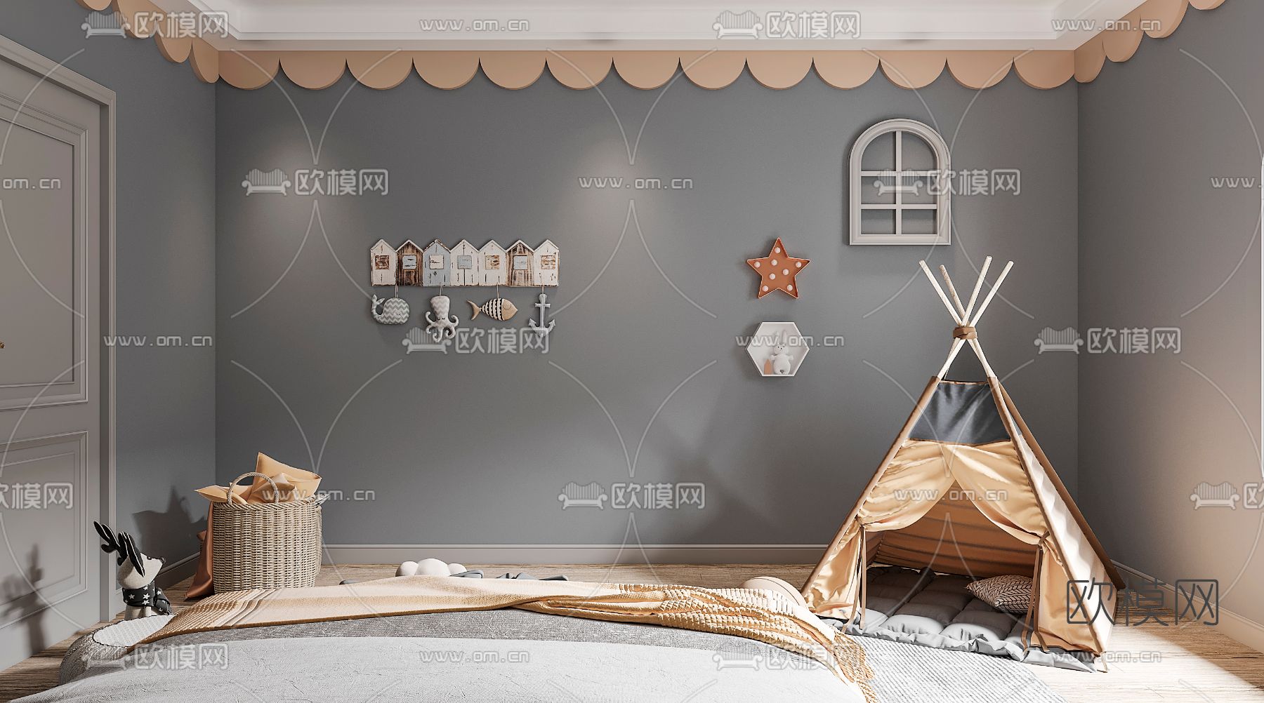 现代儿童房免费3d模型下载（渲染图2）