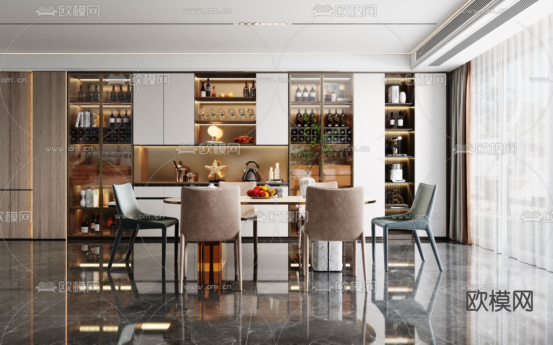 现代轻奢客厅餐厅3d模型下载（渲染图2）