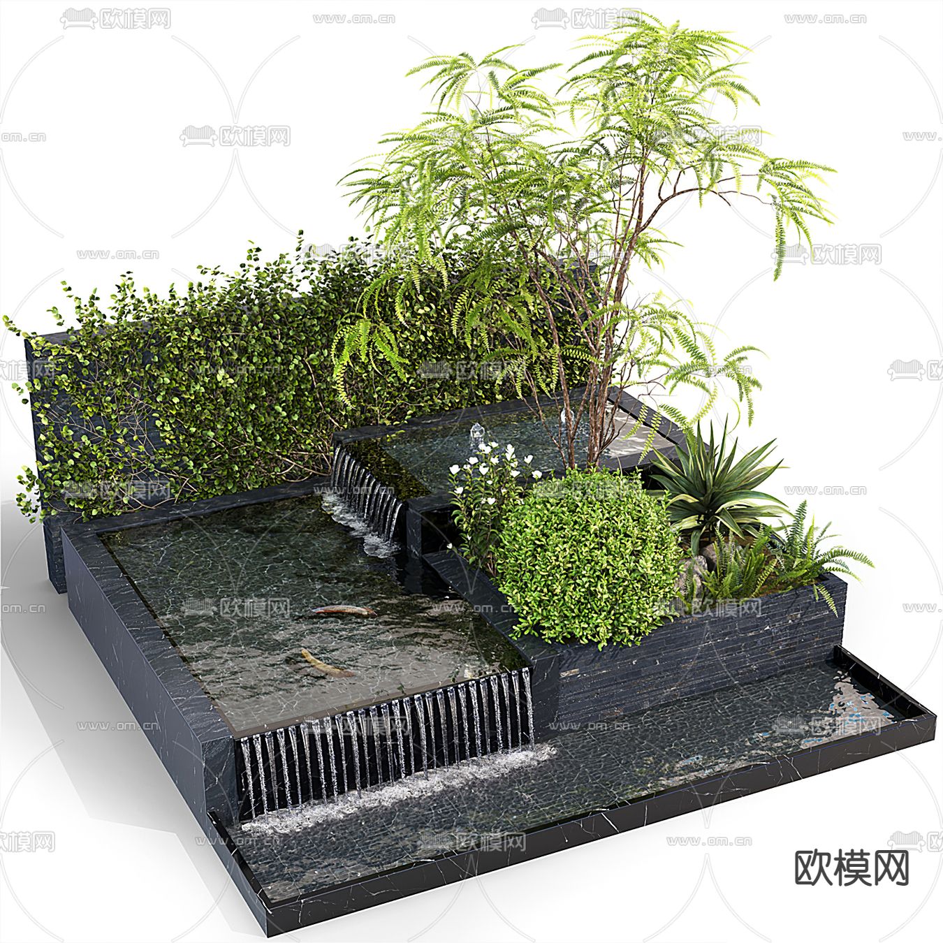 新中式绿植流水景观小品3d模型下载