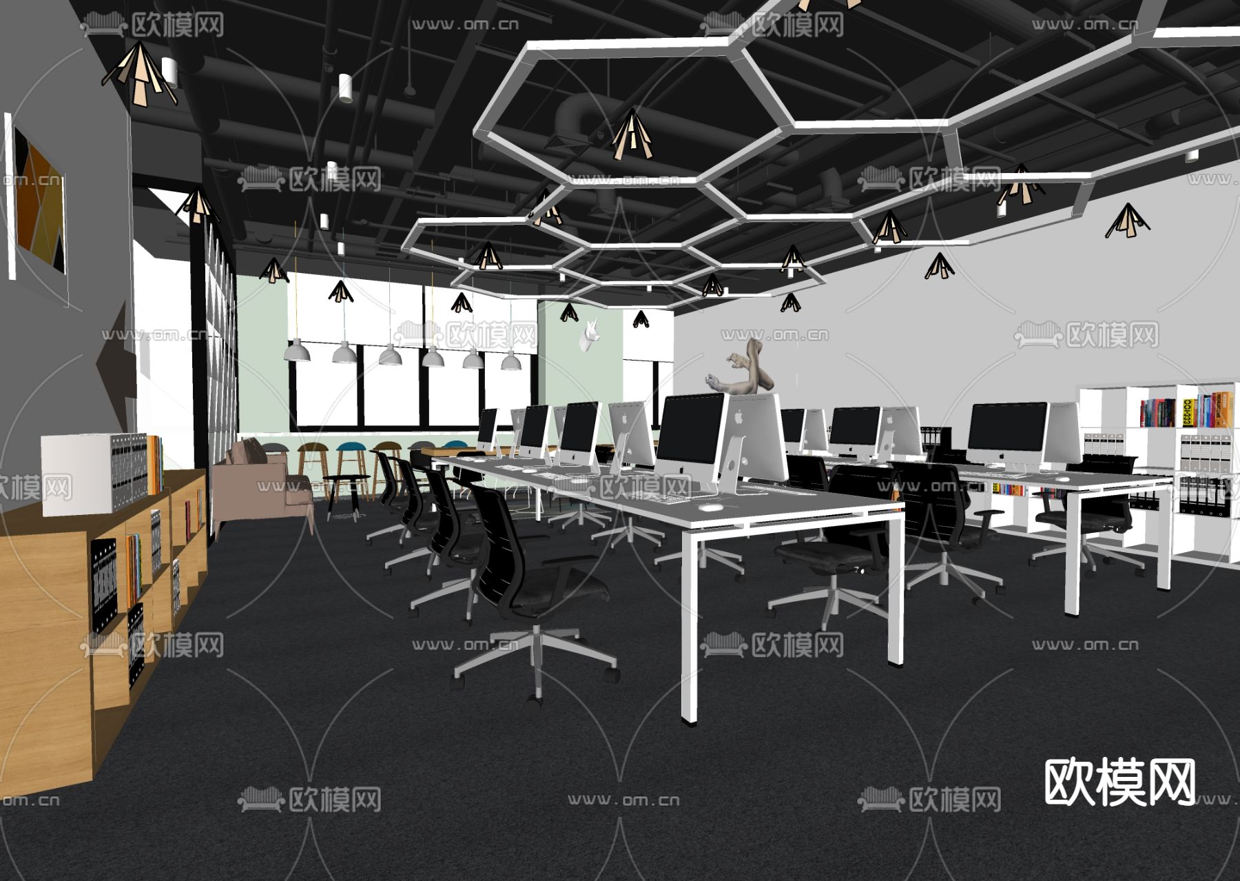现代开放式办公区su模型下载（渲染图4）