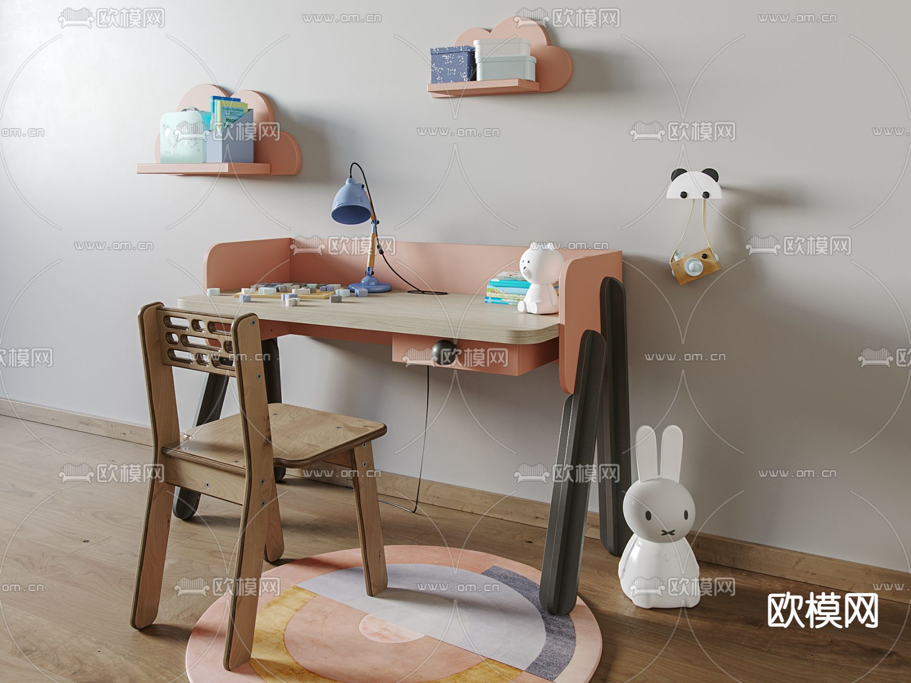 现代儿童书桌椅su模型下载（渲染图1）