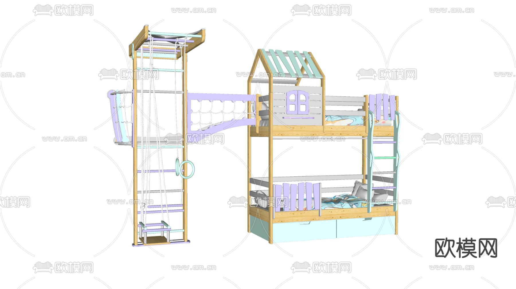 现代儿童床su模型下载（渲染图2）