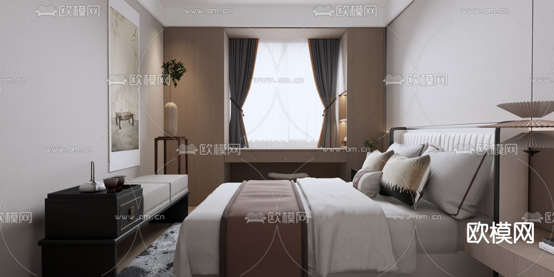 新中式卧室su模型下载（渲染图2）